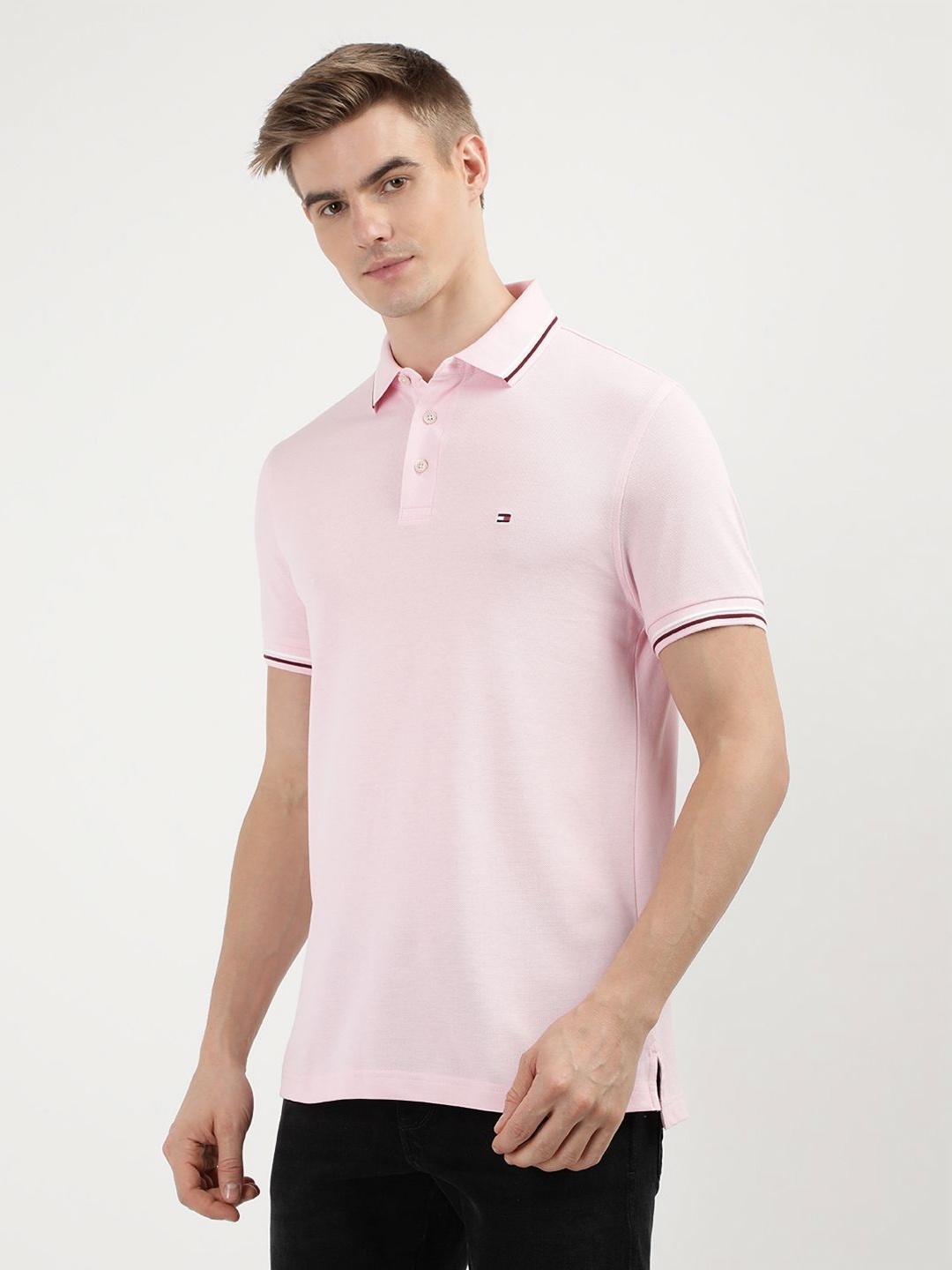 

Tommy Hilfiger Men Solid Polo Collar Cotton Slim Fit T-Shirt, Pink