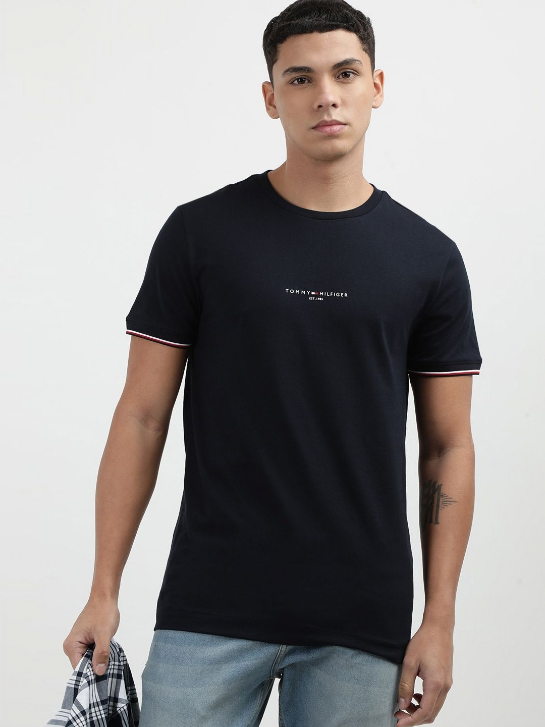 

Tommy Hilfiger Men Solid Round Neck Cotton Slim Fit T-Shirt, Blue