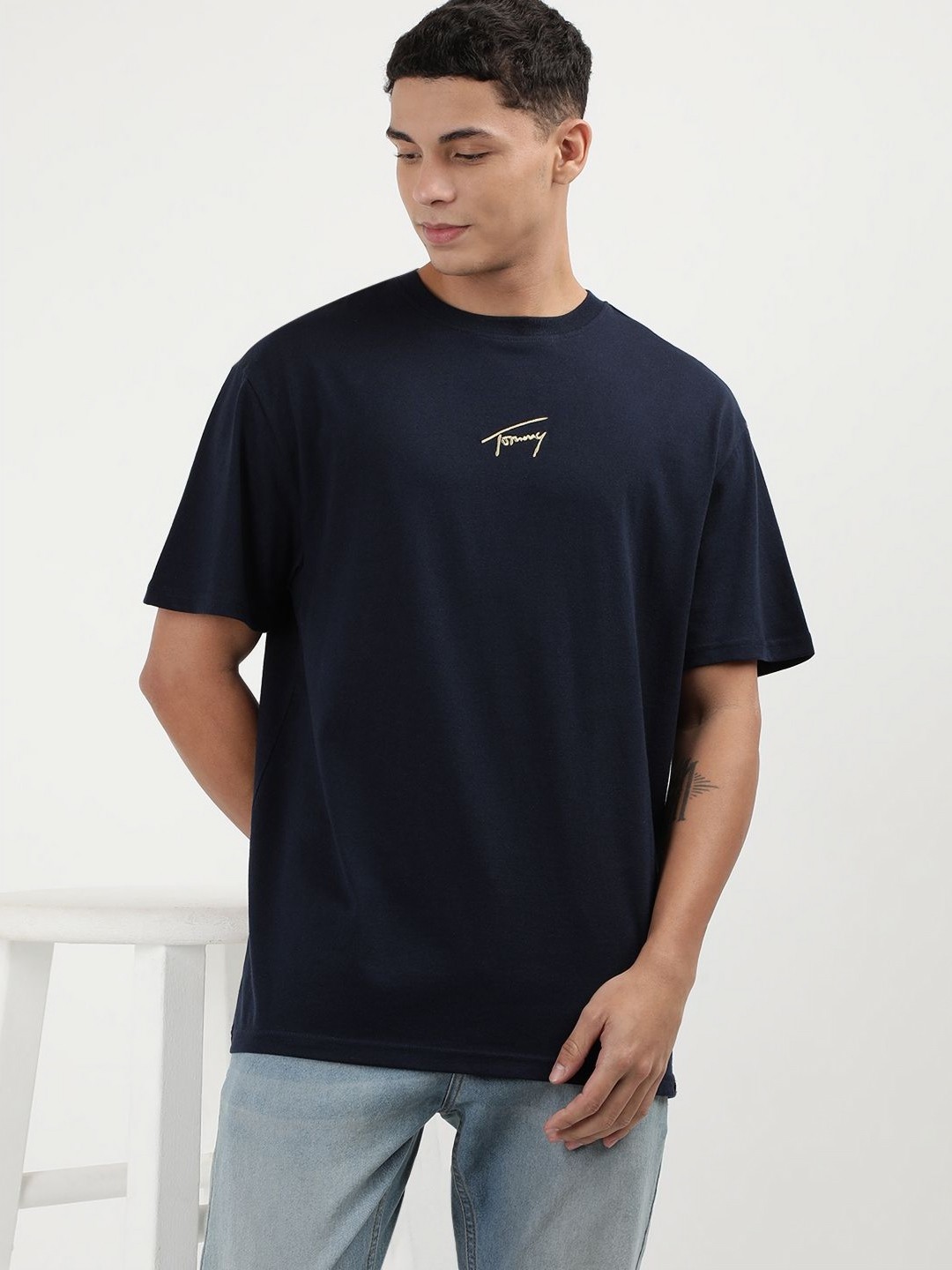 

Tommy Hilfiger Men Typography Printed Round Neck Cotton T-Shirt, Blue