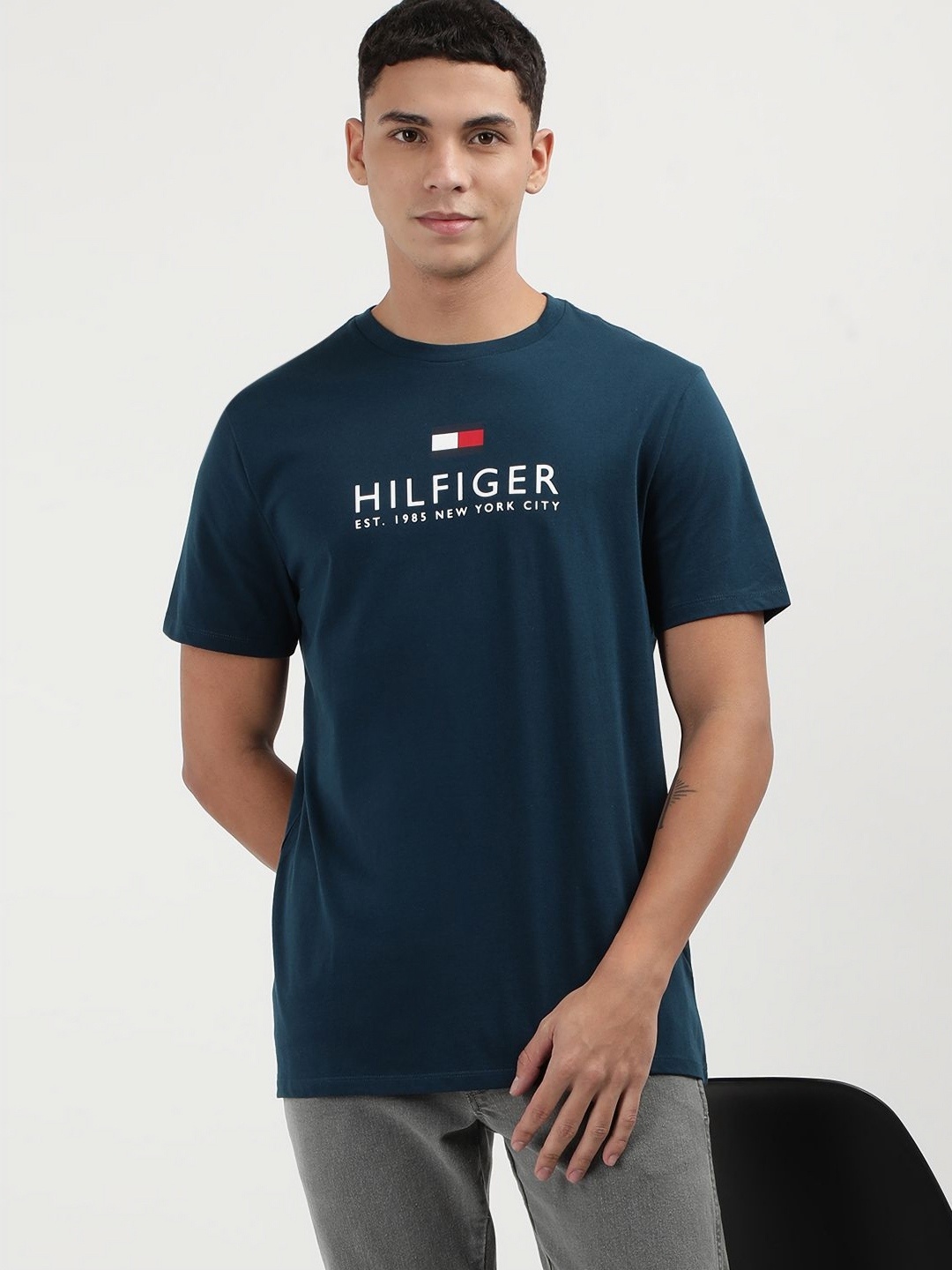 

Tommy Hilfiger Men Printed Round Neck Cotton T-Shirt, Blue