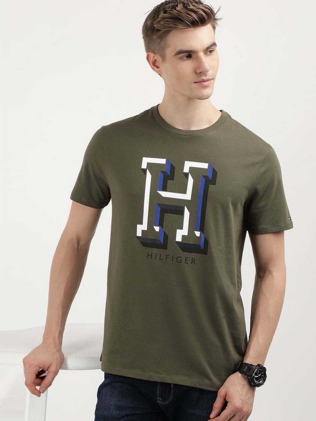 

Tommy Hilfiger Men Printed Round Neck Cotton T-Shirt, Green