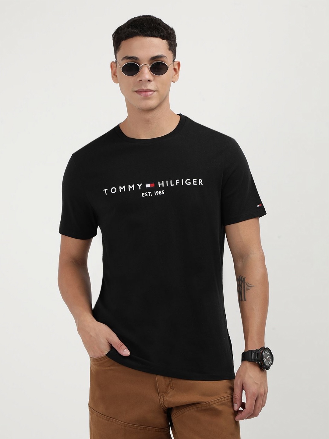 

Tommy Hilfiger Men Printed Round Neck Cotton T-Shirt, Black