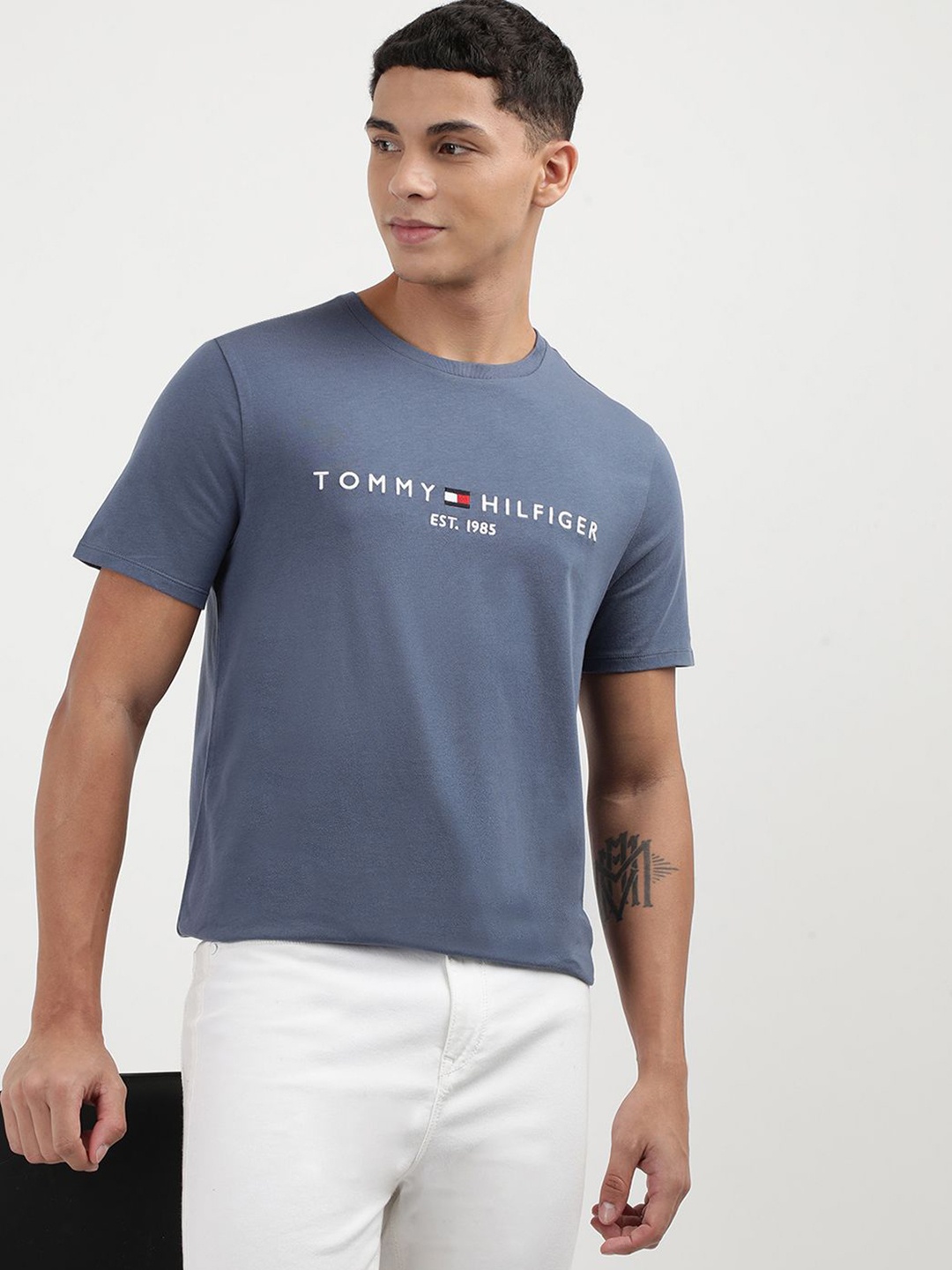 

Tommy Hilfiger Men Printed Round Neck Cotton T-Shirt, Blue