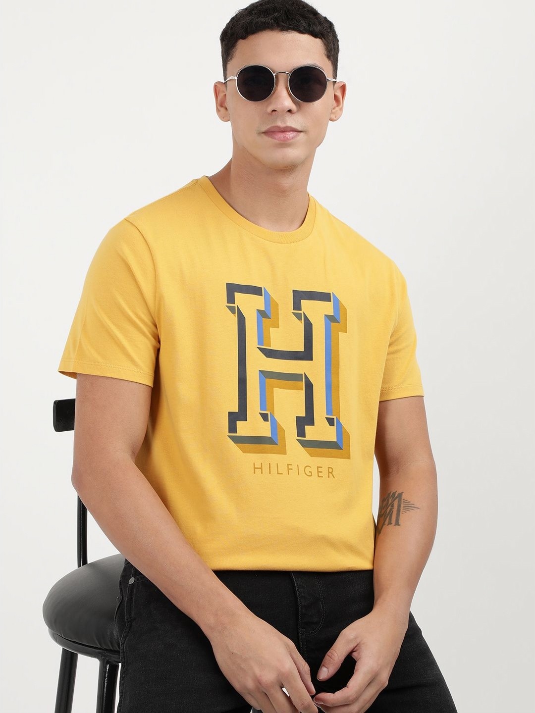 Tommy Hilfiger Men Printed Round Neck Cotton T-Shirt, Yellow