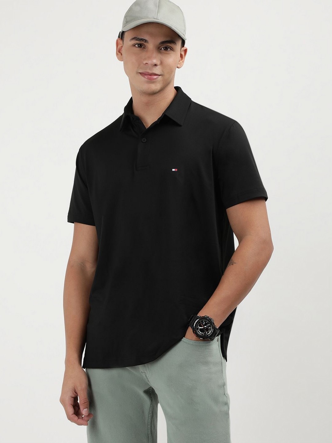 

Tommy Hilfiger Men Solid Polo Collar Cotton T-Shirt, Black