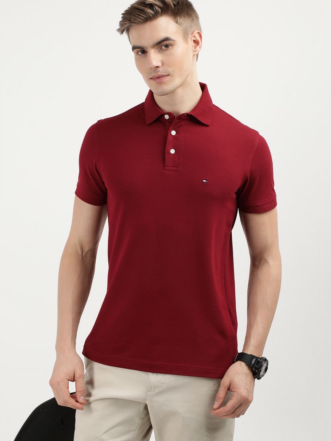 

Tommy Hilfiger Men Solid Polo Collar Cotton Slim Fit T-Shirt, Red