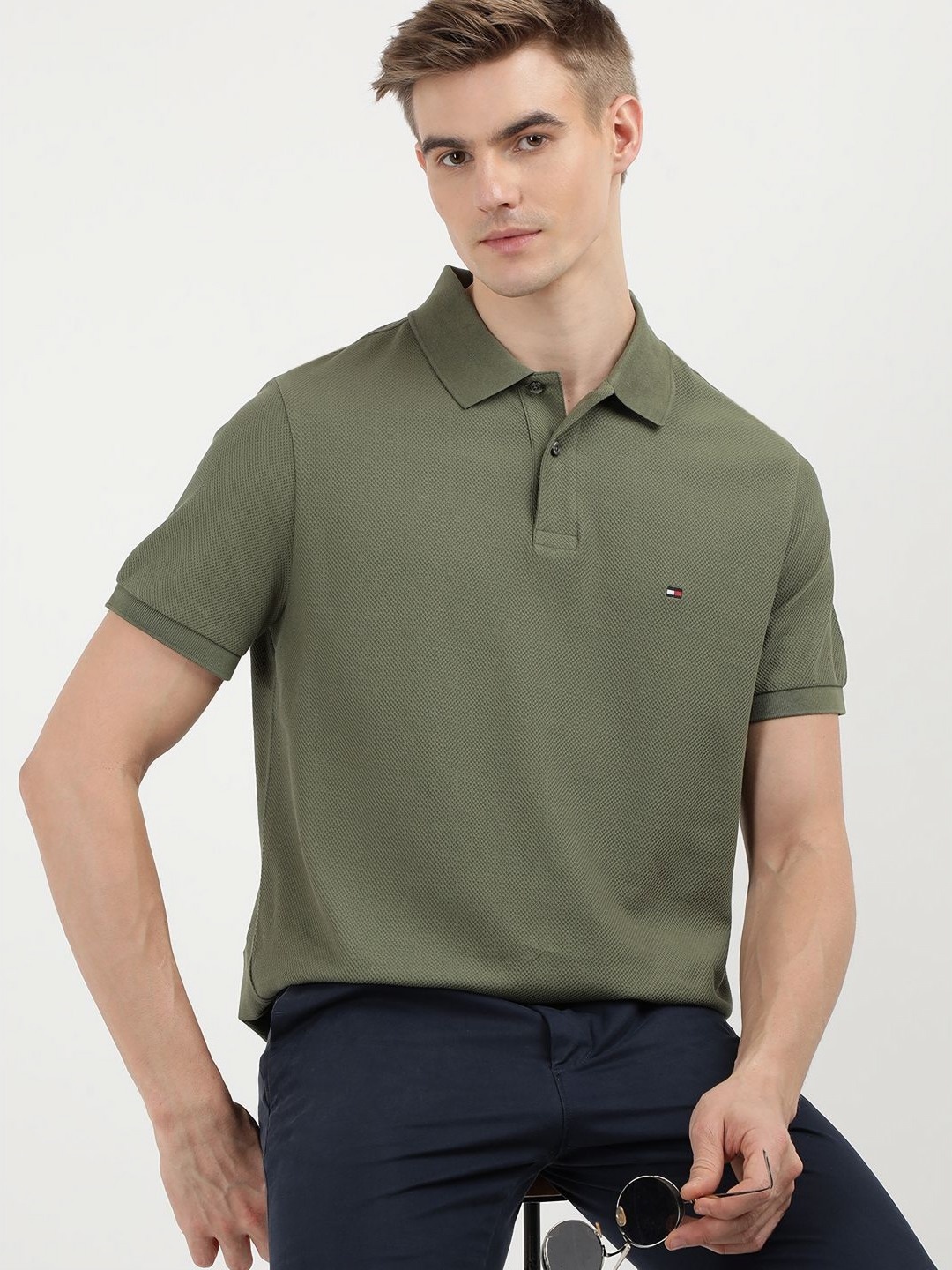 

Tommy Hilfiger Men Solid Polo Collar Cotton T-Shirt, Green