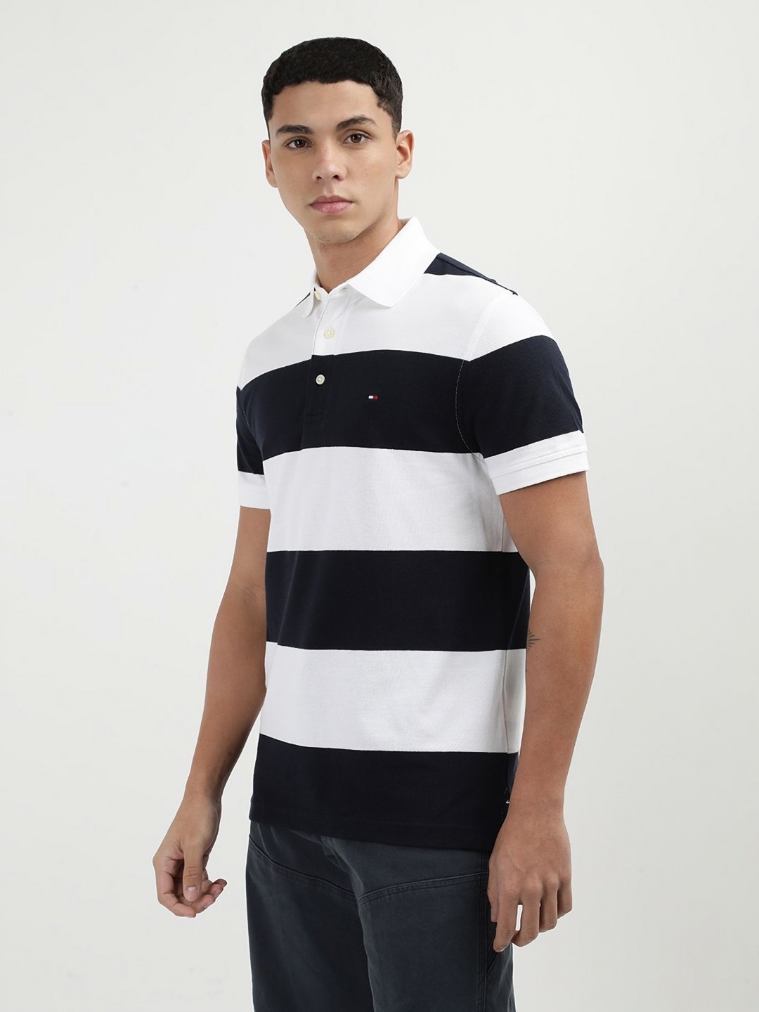 

Tommy Hilfiger Men Striped Polo Collar Cotton Slim Fit T-Shirt, White