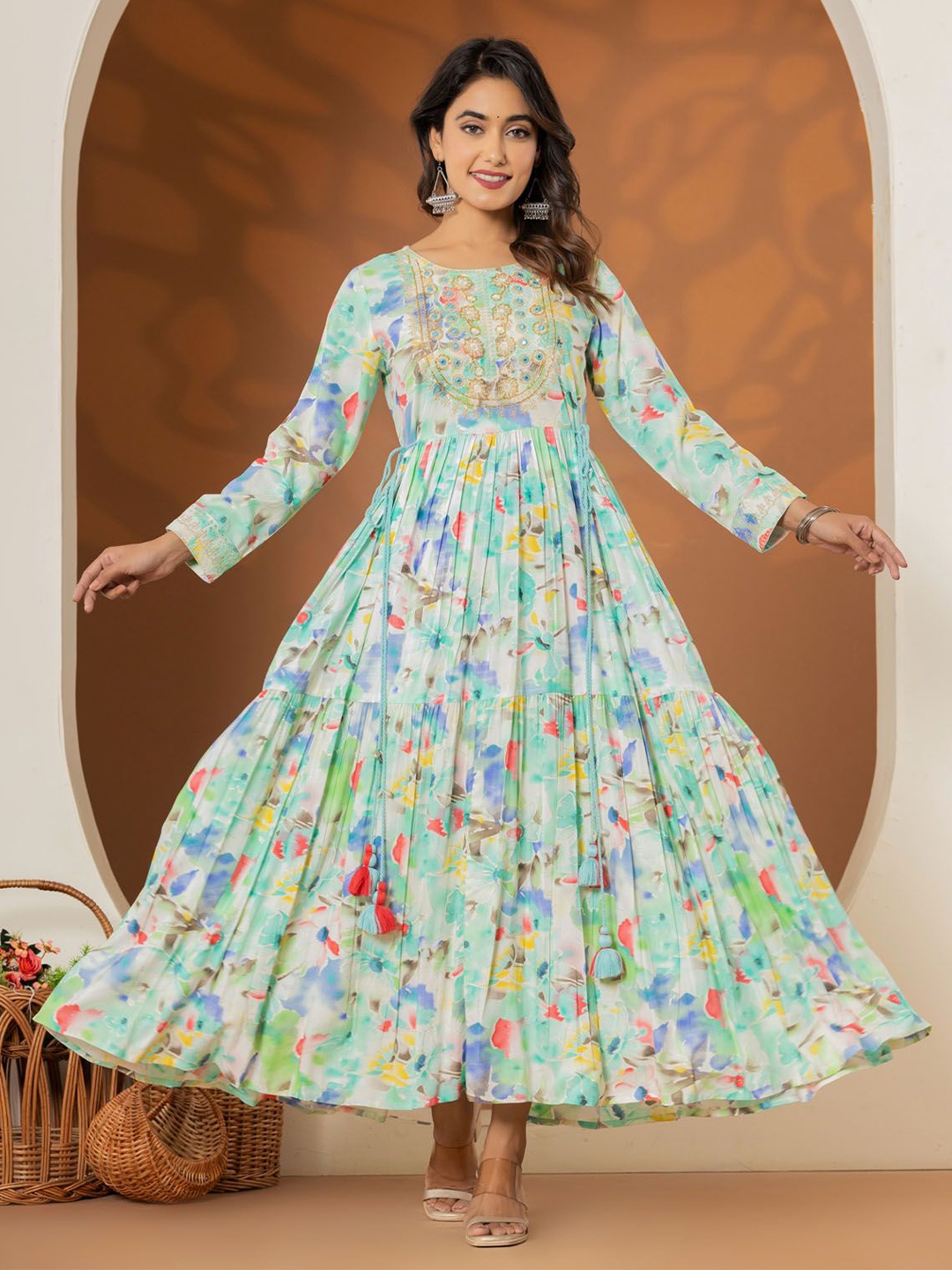 

FASHION DWAR Women Floral Printed Square Neck Cotton Long Sleeves Maxi Dress, Blue