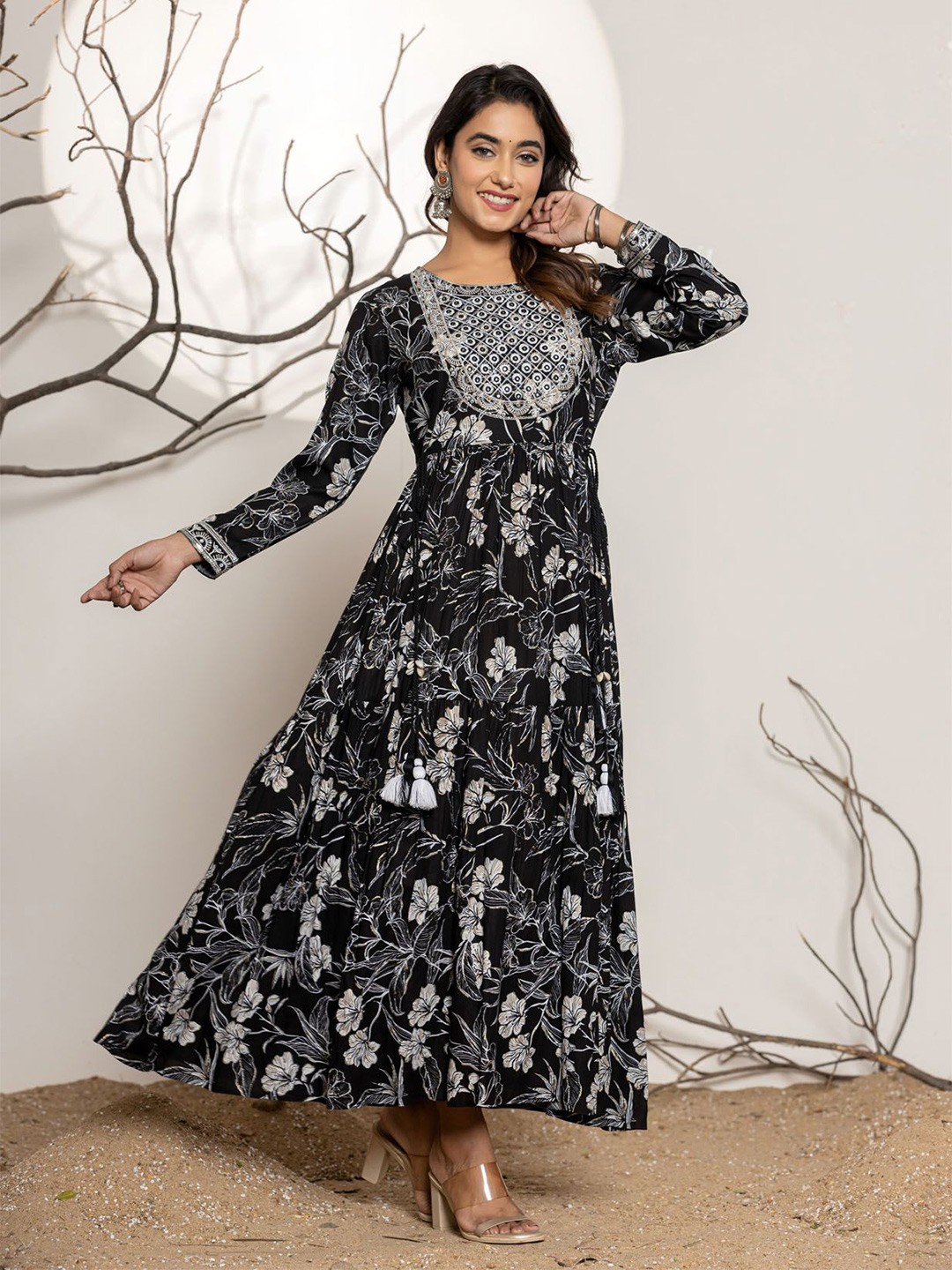 

FASHION DWAR Floral Print Maxi Fit and Flare Dress, Black