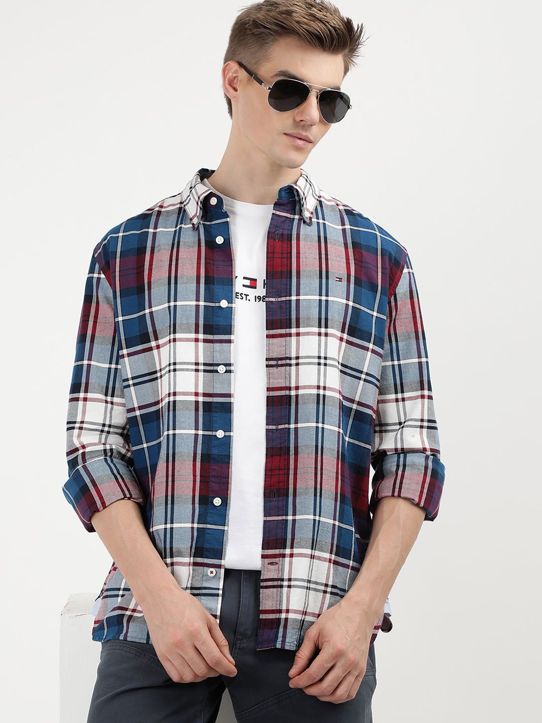 

Tommy Hilfiger Fashion Men Cotton Tartan Checks Opaque Casual Shirt, Blue