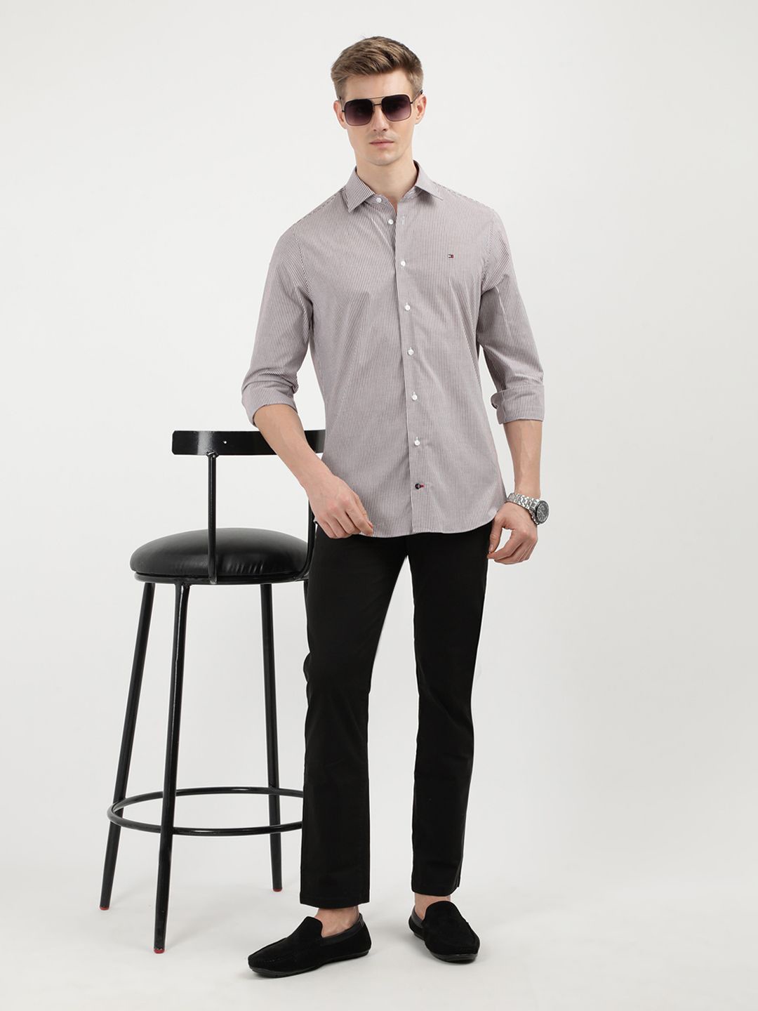 

Tommy Hilfiger Men Vertical Stripes Striped Cotton Opaque Casual Shirt, Grey