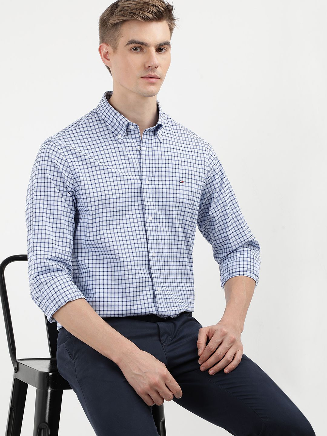 

Tommy Hilfiger Men Gingham Checks Checked Cotton Opaque Casual Shirt, Blue