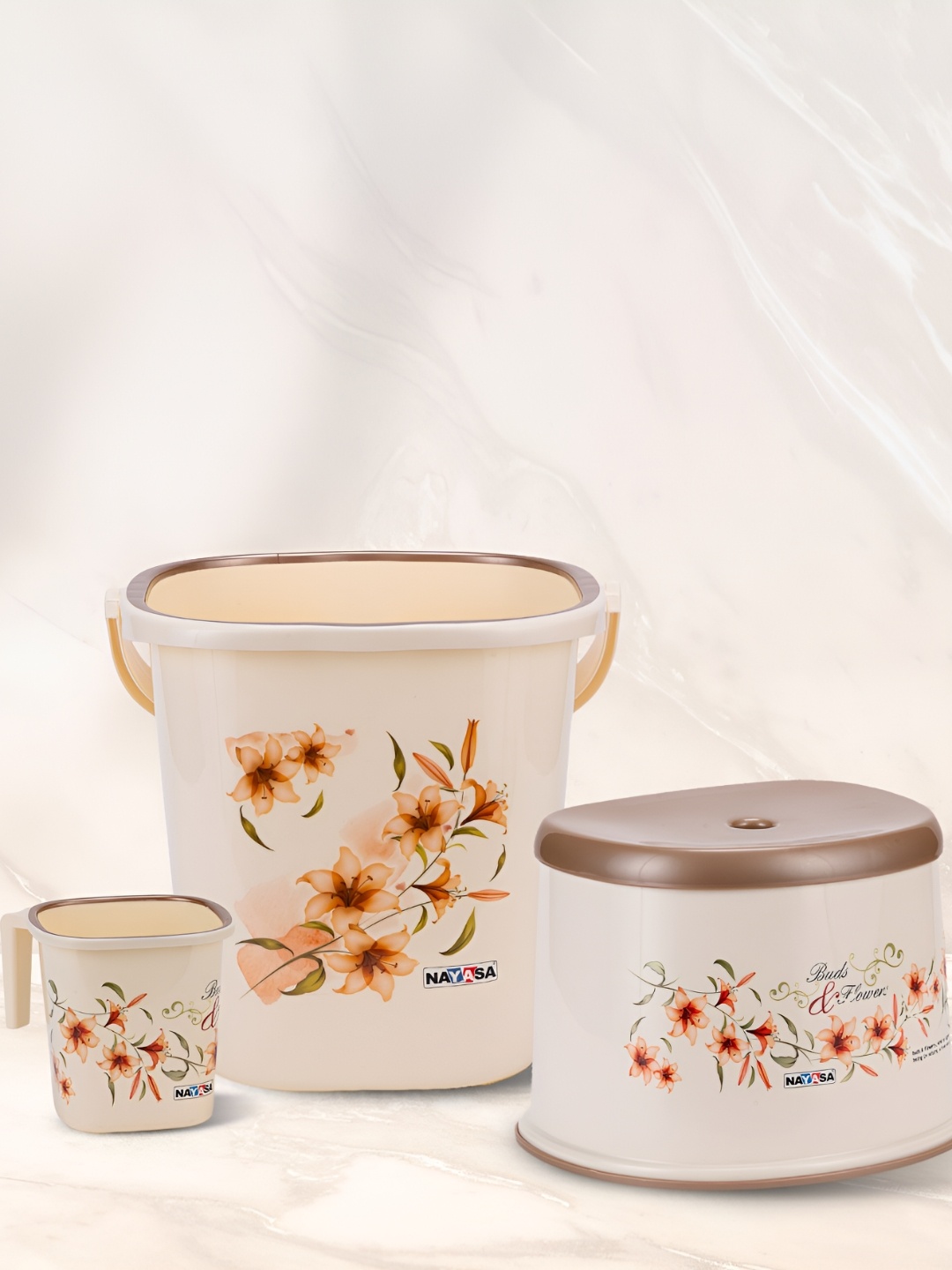 Nayasa 3 Pieces Off White Square Bucket, Mug & Stool Set