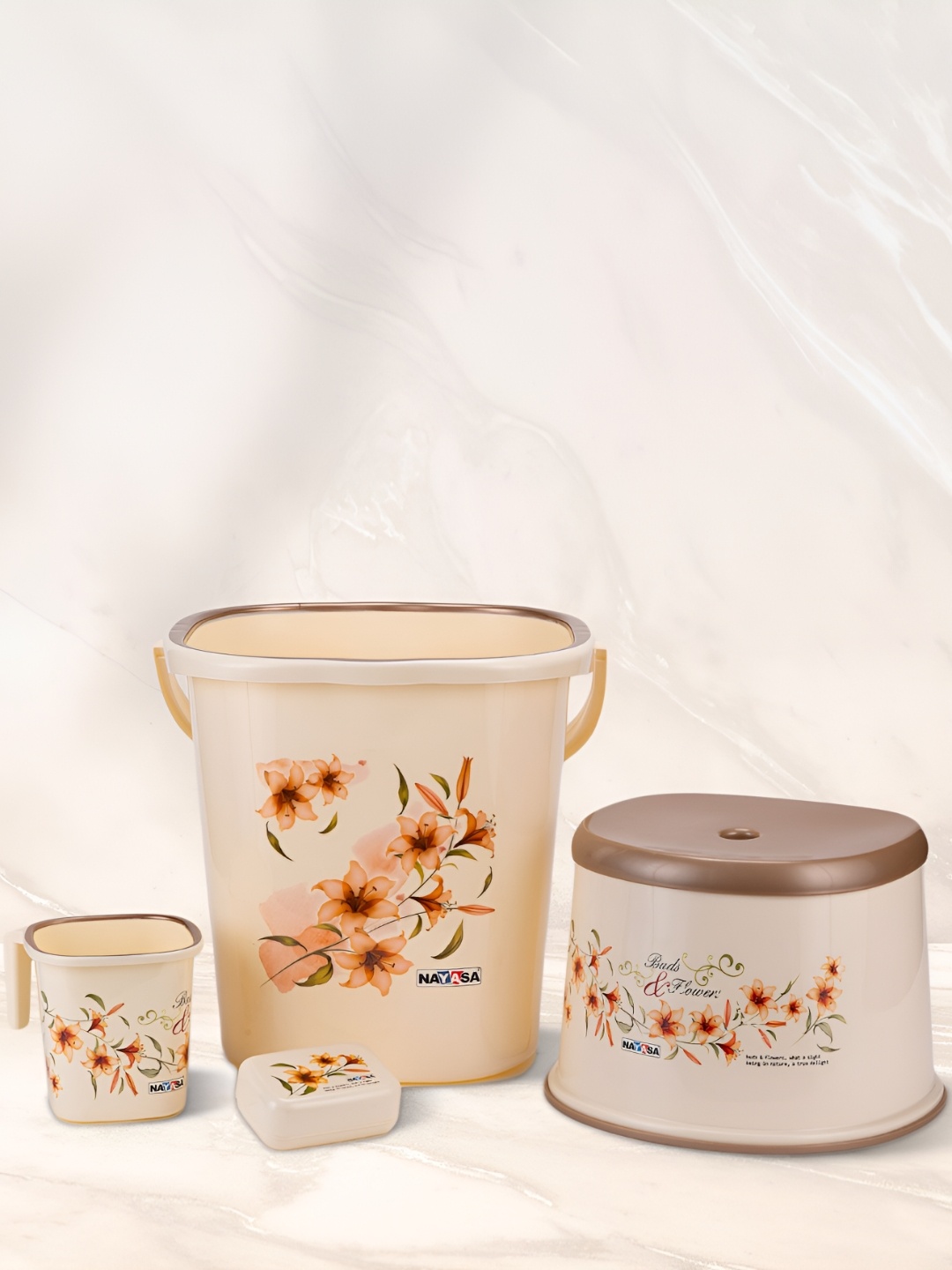 

Nayasa Deluxe Set of 4 Cream-Coloured Bucket Mug Stool & Soapcase Bath Set - 18L & 1.5L