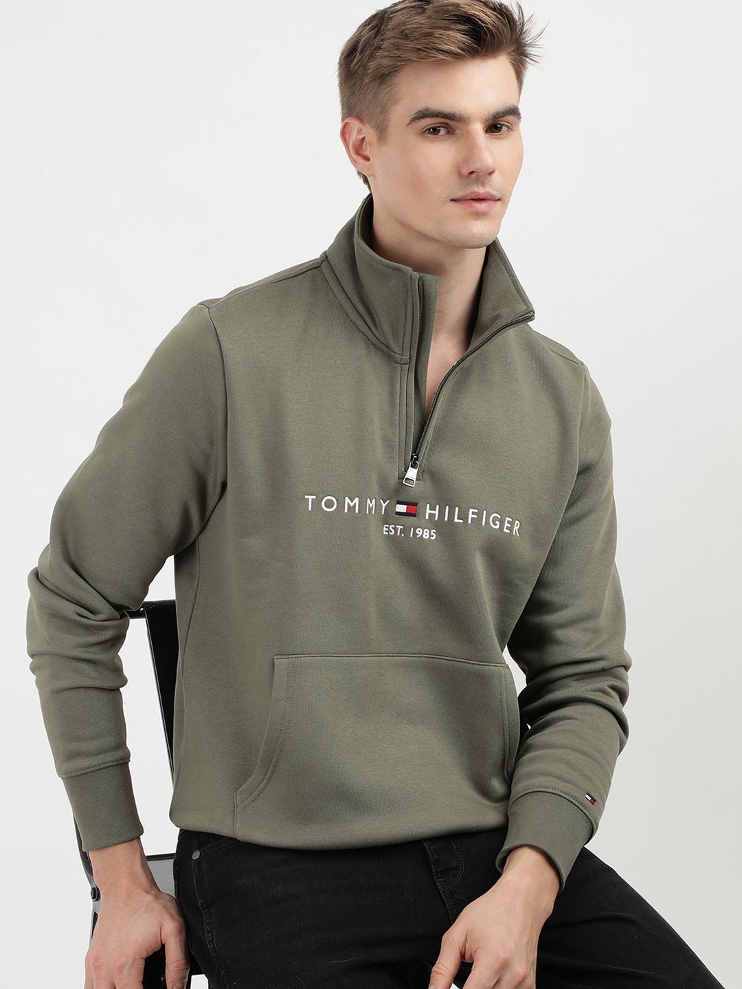 

Tommy Hilfiger Fashion Men Cotton Solid High Neck Pullover Embroidered Sweatshirt, Olive