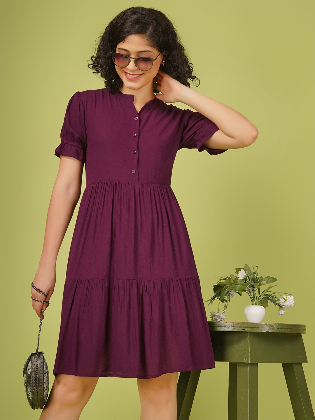 

CELEBRAVO Solid Mandarin Collar Fit & Flare Dress, Purple