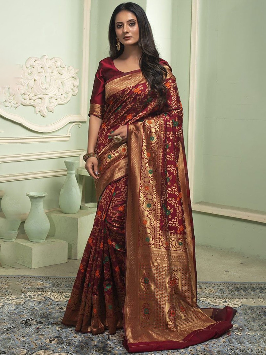 

Mitera Woven Design Zari Banarasi Saree, Maroon