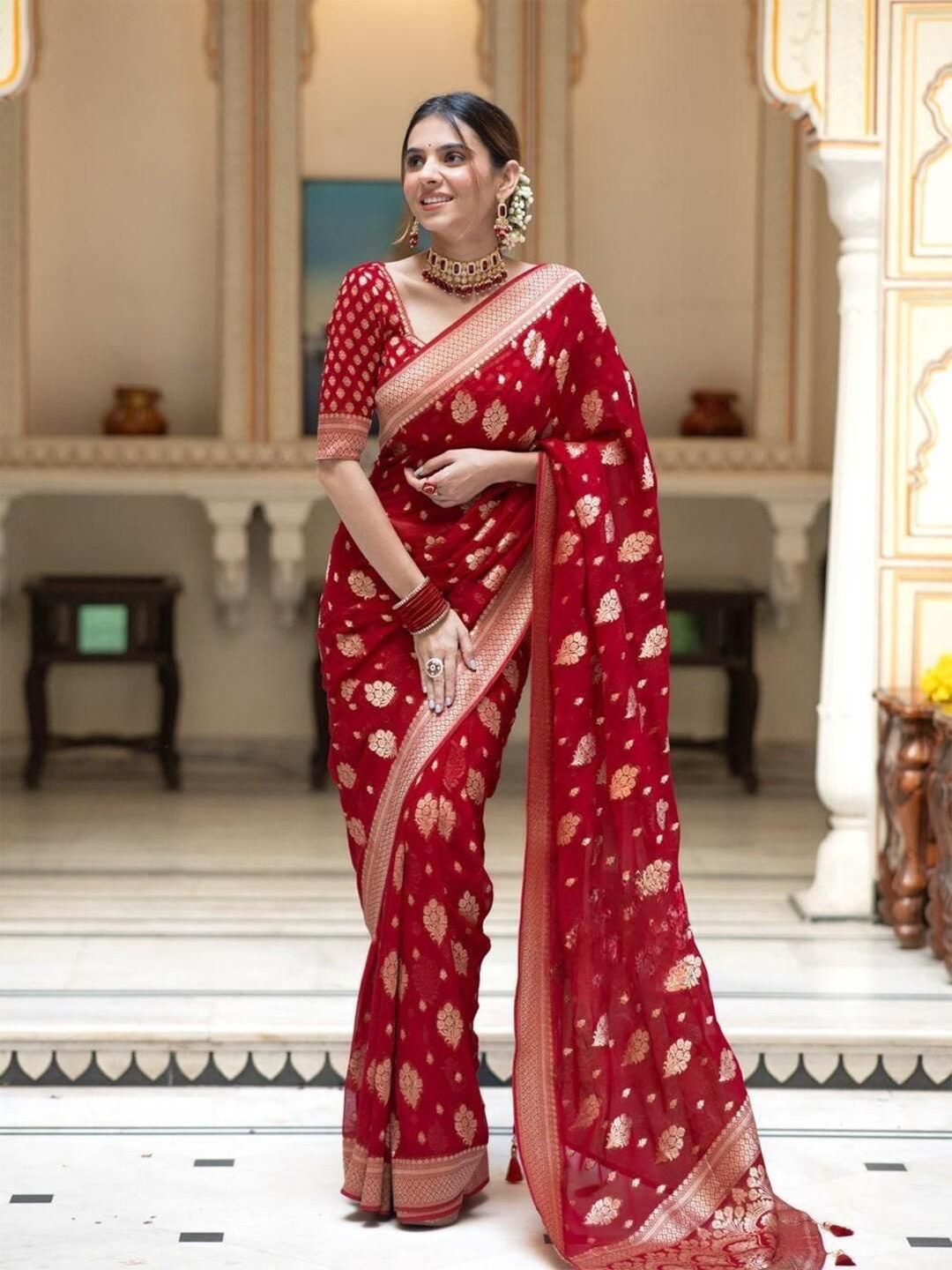 

Mitera Woven Design Zari Pure Silk Banarasi Saree, Red