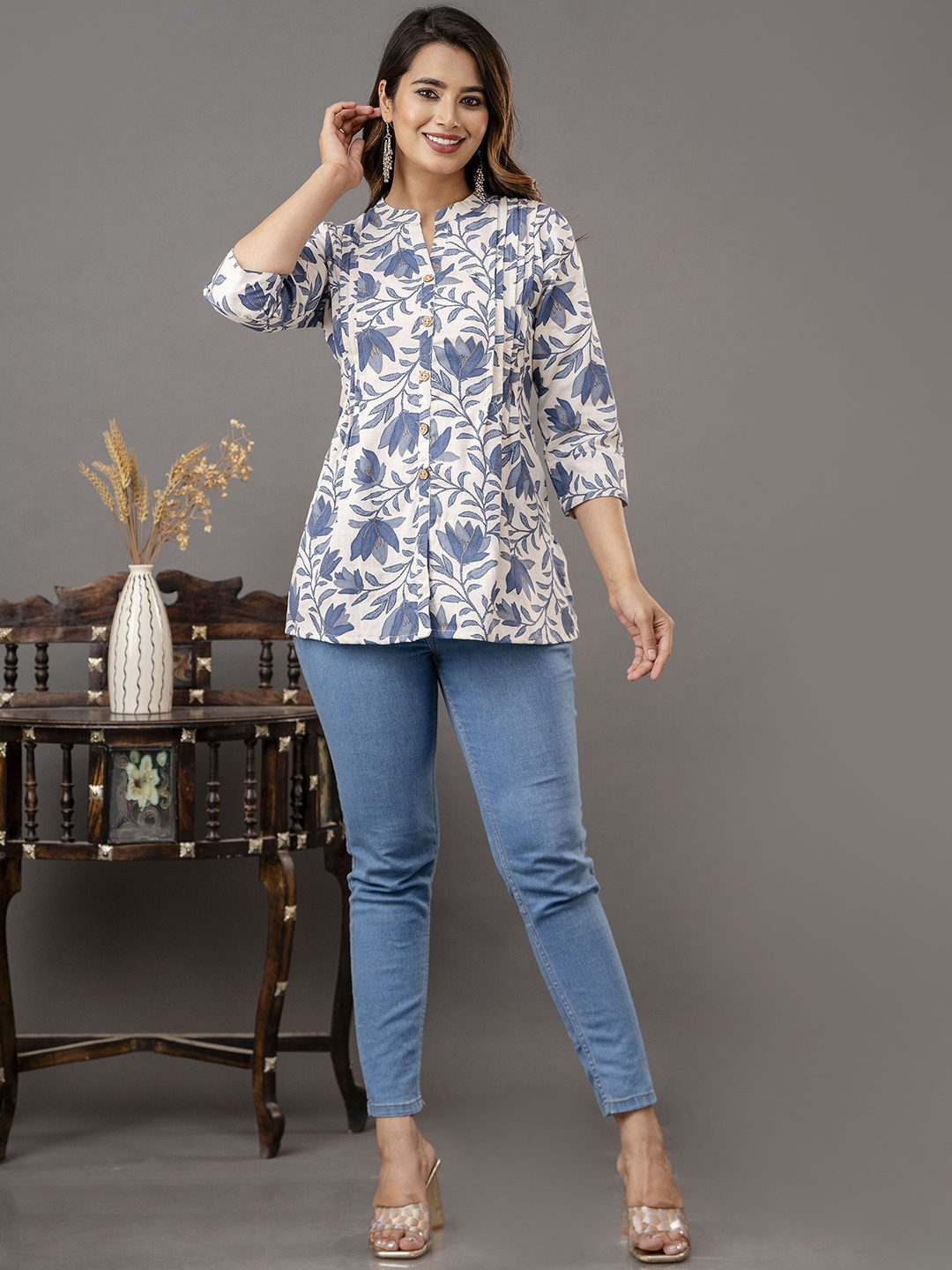 

Shedika Floral Print Bell Sleeve Top, Blue