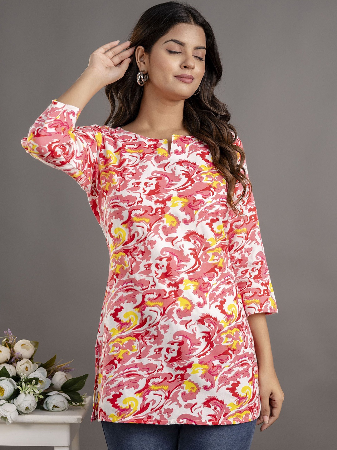 

Shedika Floral Print Keyhole Neck Top, Pink