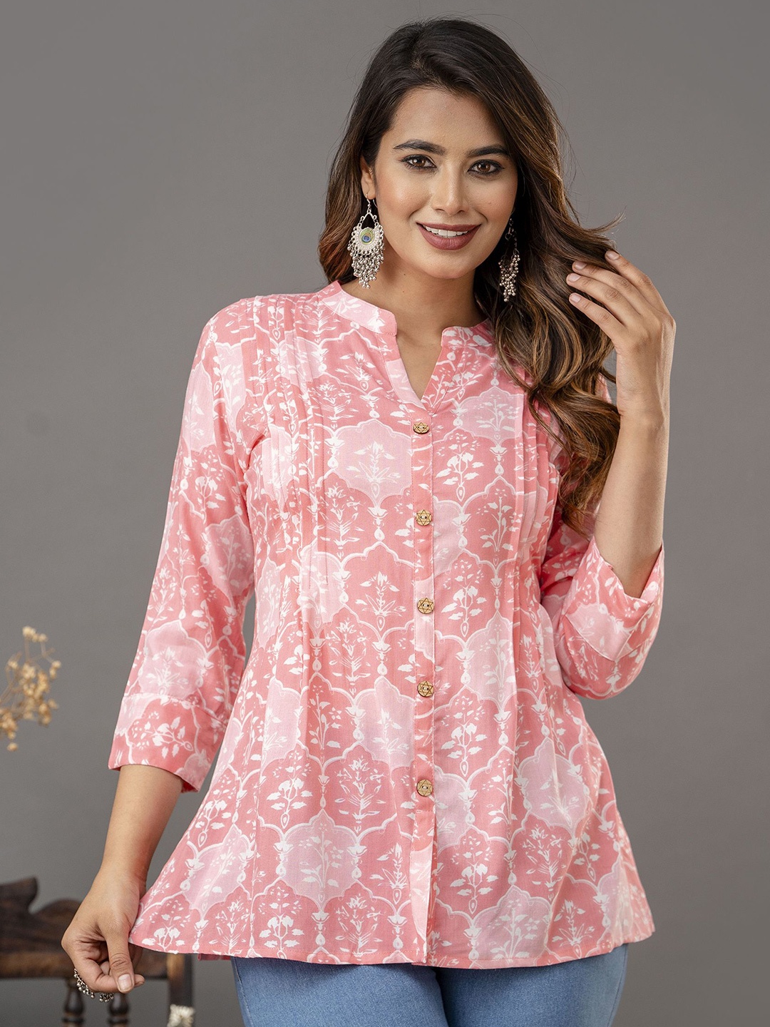 

Shedika Floral Print Mandarin Collar Shirt Style Top, Pink