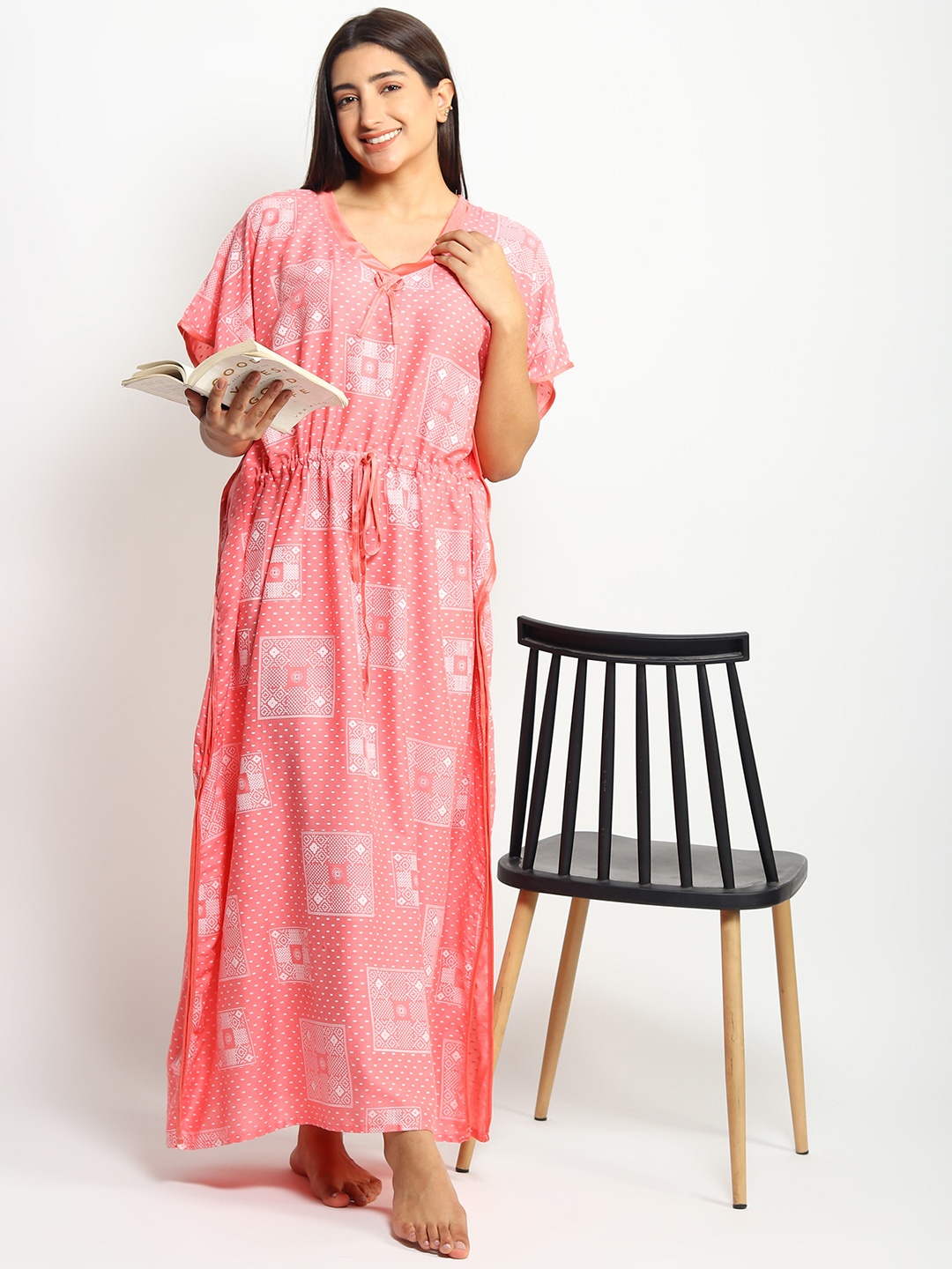 

Noty Printed Maxi Kaftan Nightdress, Peach