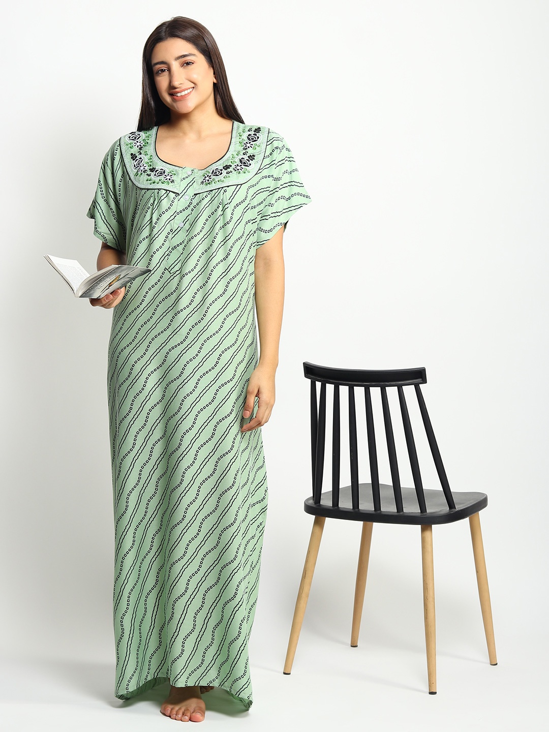 

Noty Printed Maxi Embroidered Nightdress, Green