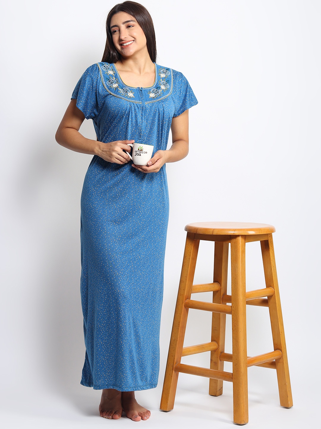 

Noty Printed Embroidered Maxi Nightdress, Blue