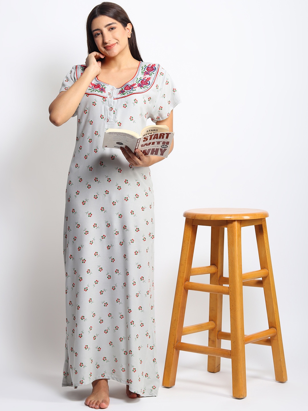 

Noty Printed Embroidered Maxi Nightdress, Grey