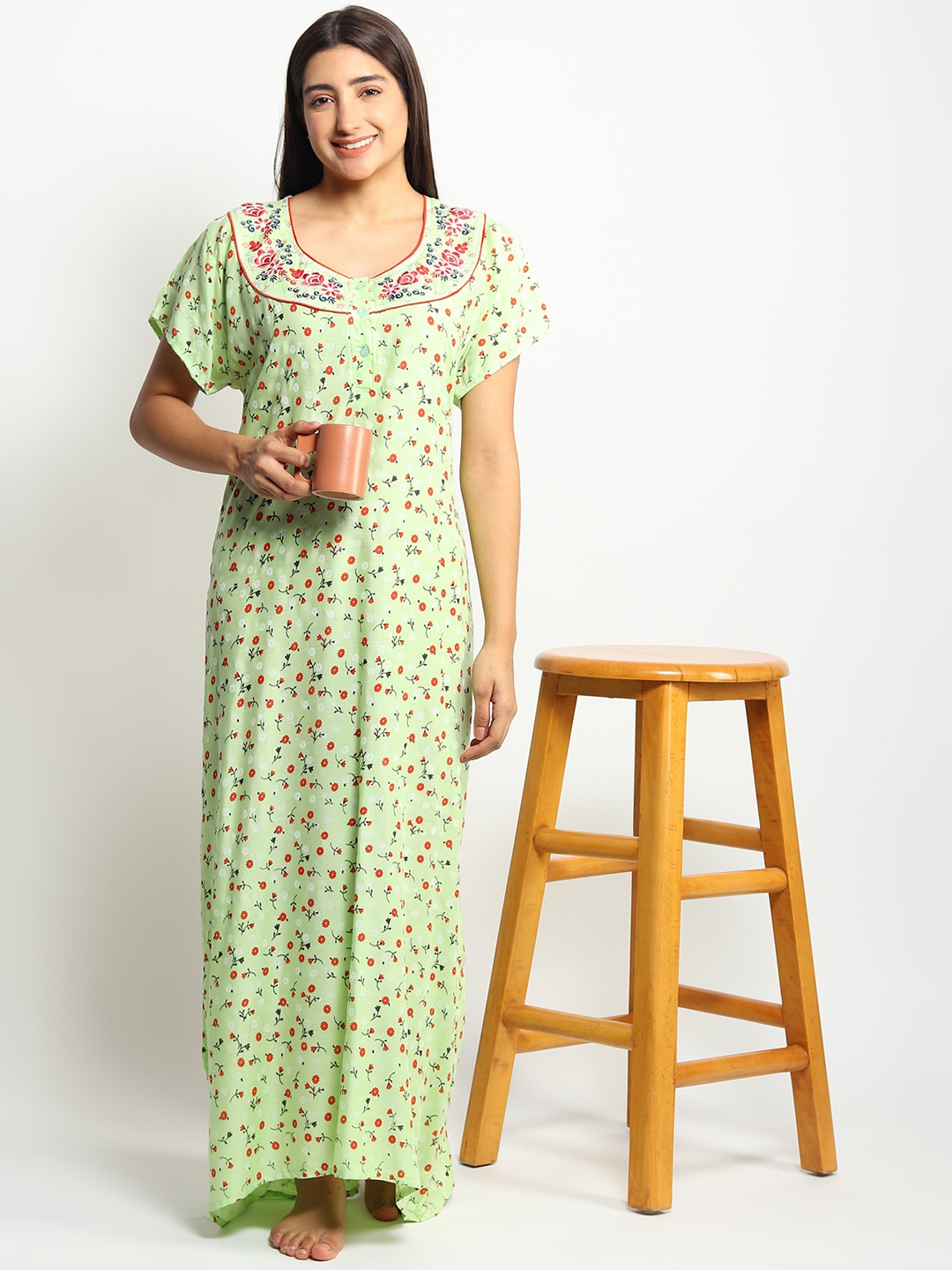 

Noty Printed Maxi Embroidered Nightdress, Green