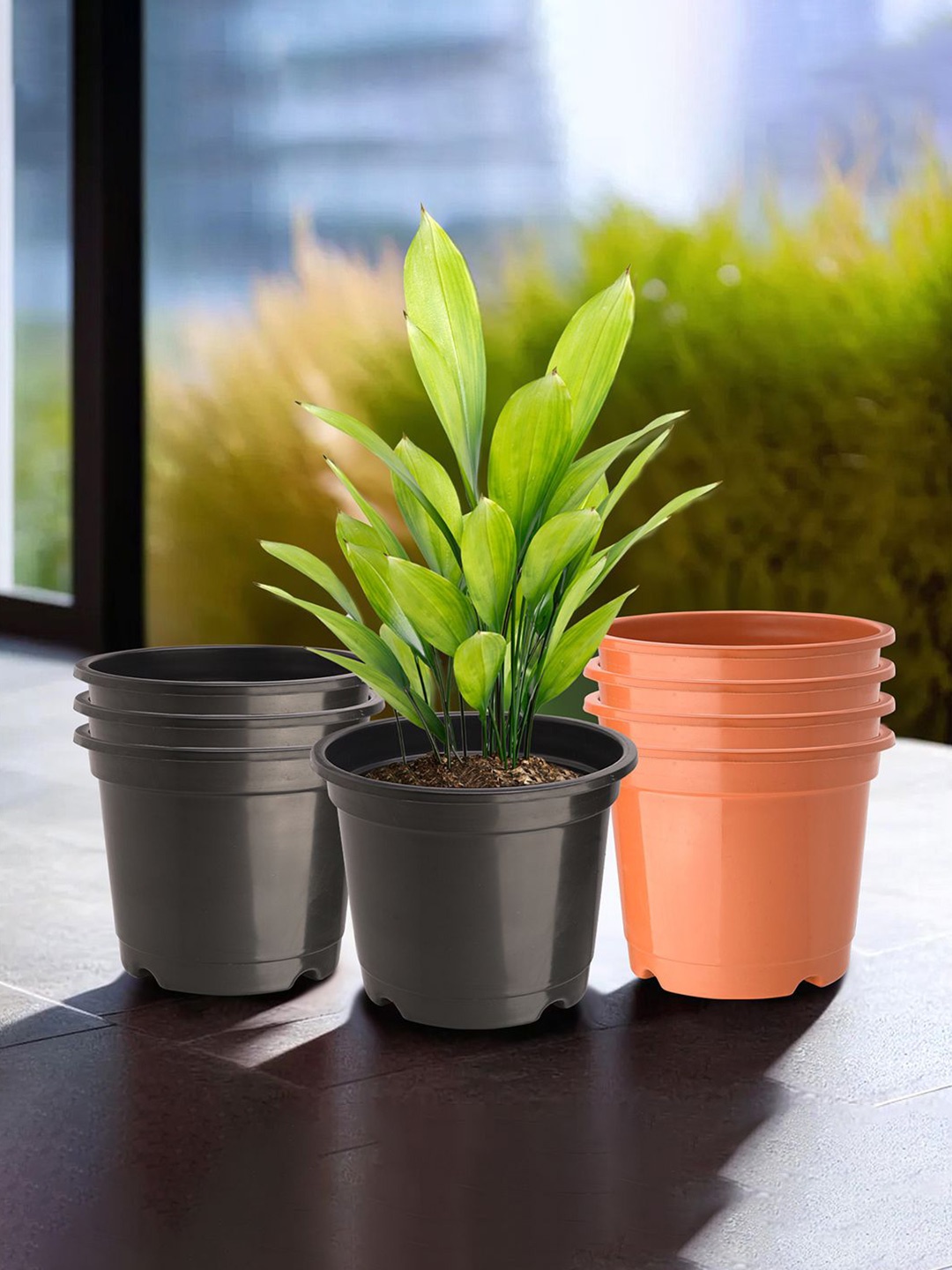 

Kuber Industries Orange-Colored & Black 8 Pieces Durable Phooldaan Planters