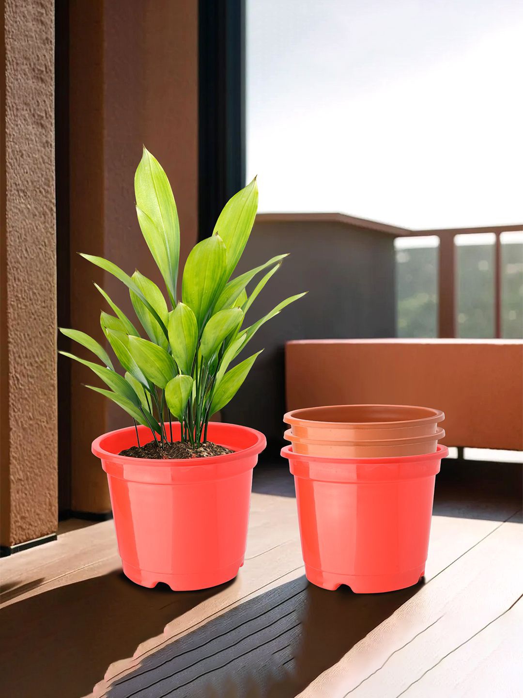 Kuber Industries Red & Brown 4 Pieces Round Planters