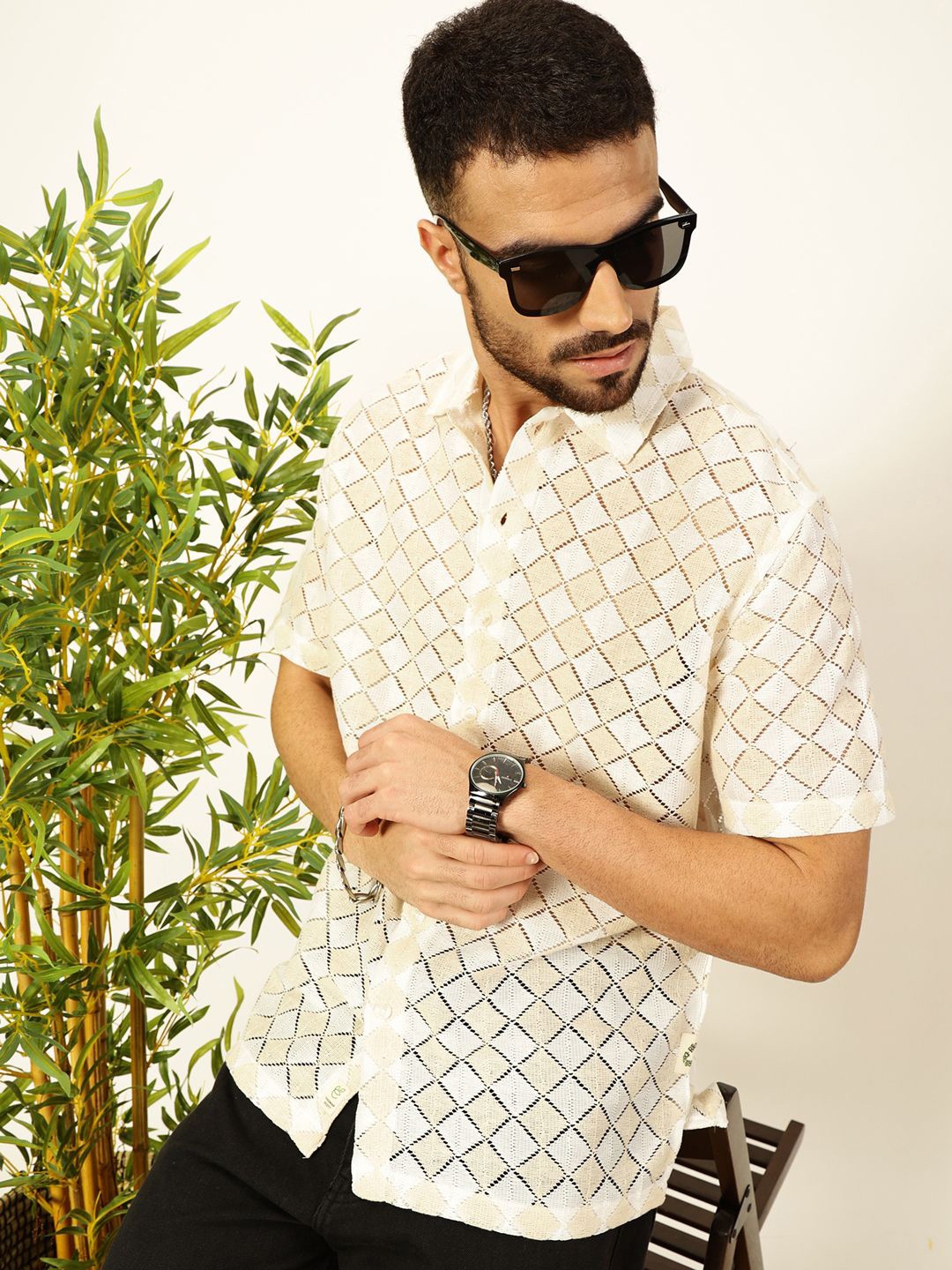 

Thomas Scott Men Self Design Textured Regular Fit Semi-Sheer Casual Crochet Shirt, Beige