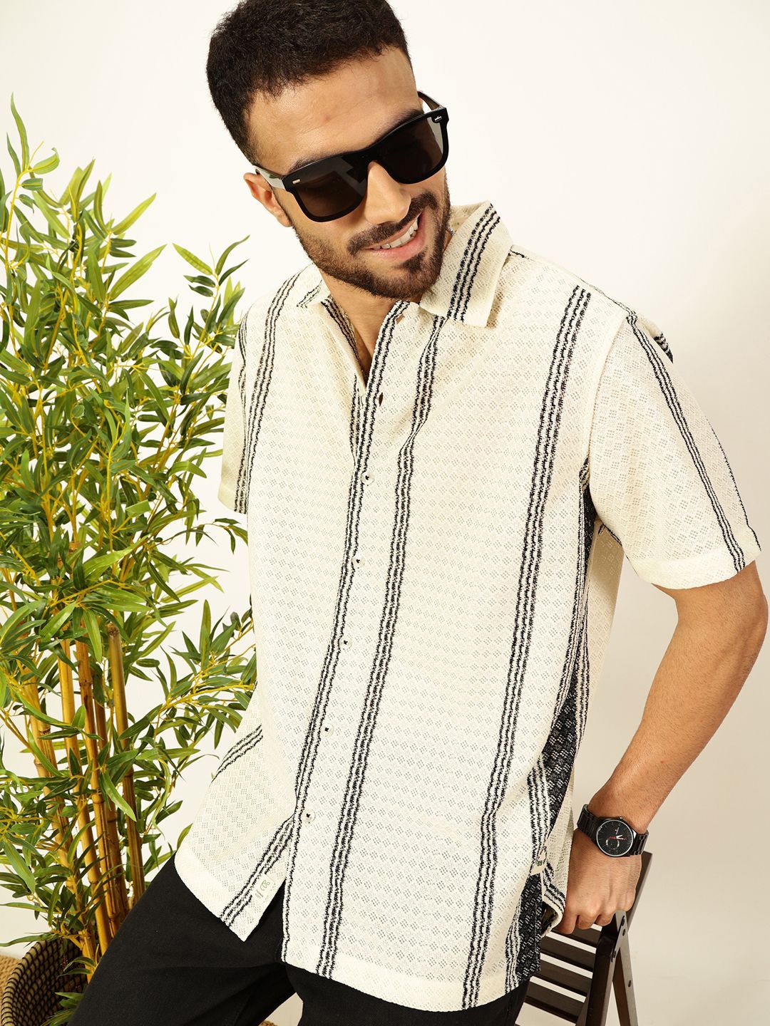 

Thomas Scott Men Self Design Textured Regular Fit Semi-Sheer Casual Crochet Shirt, Off white