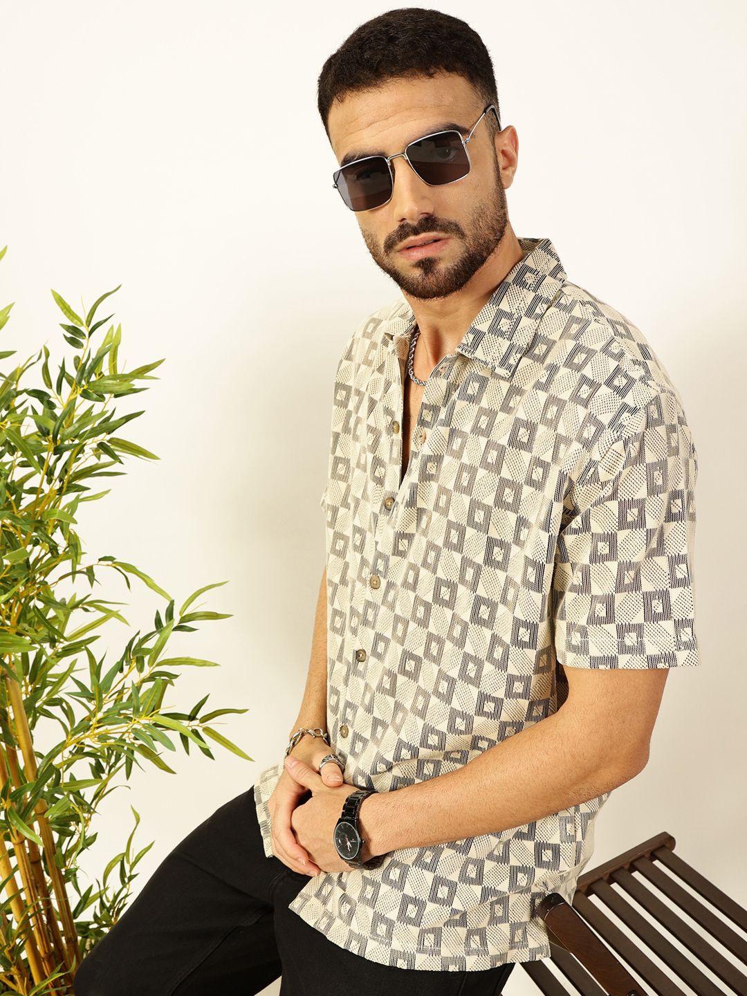

Thomas Scott Men Self Design Textured Cotton Regular Fit Semi-Sheer Casual Crochet Shirt, Beige