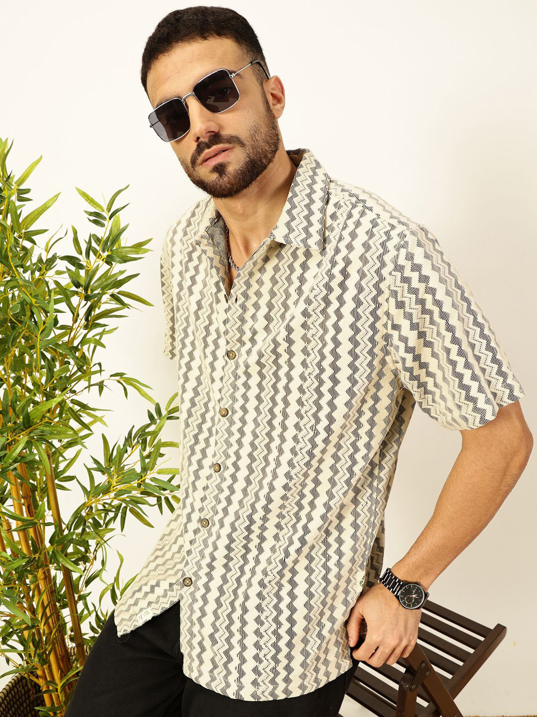 

Thomas Scott Men Self Design Chevron Cotton Regular Fit Semi-Sheer Casual Crochet Shirt, Beige