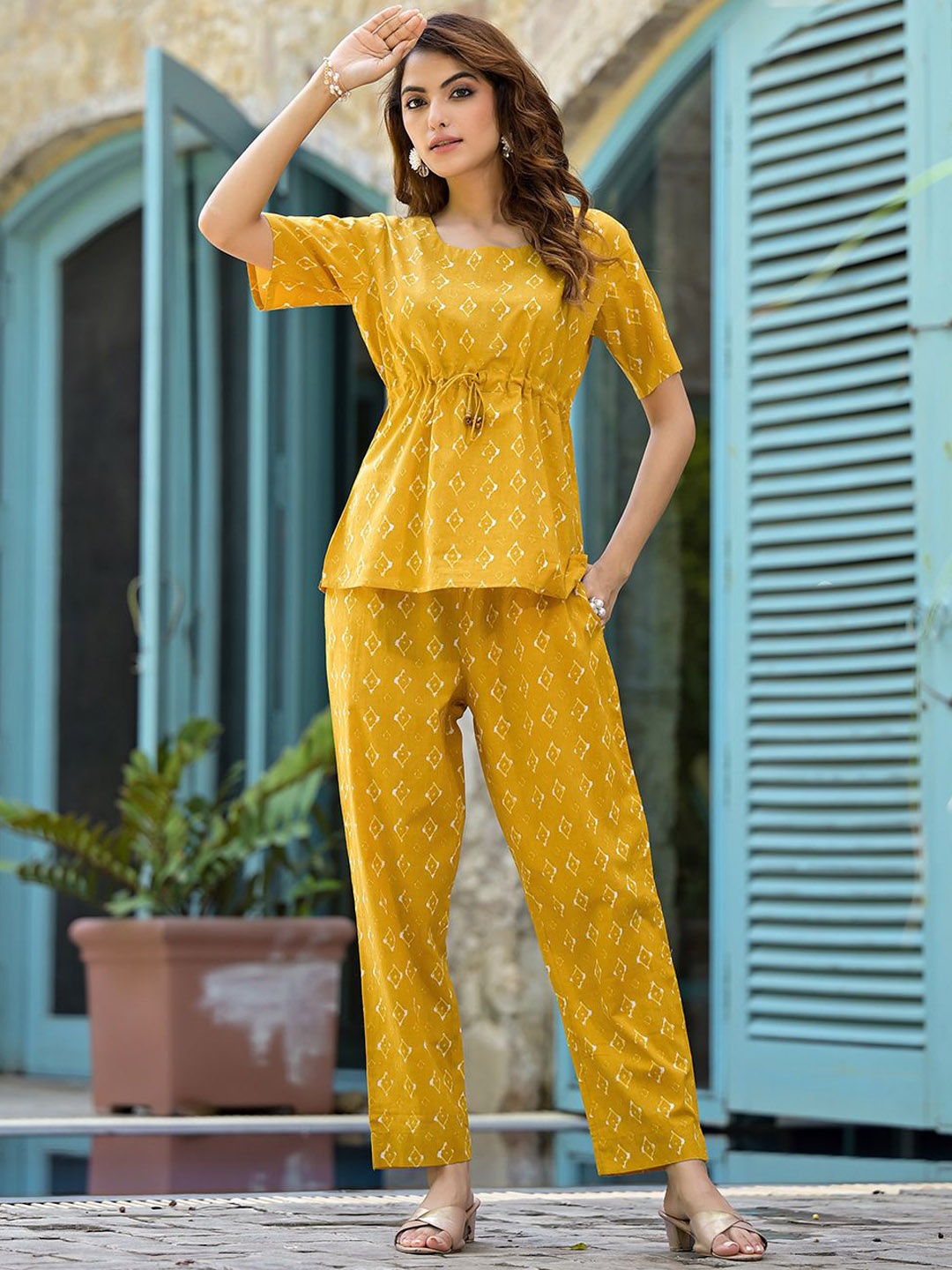 

Divena Printed Pure Cotton Peplum Top With Trouser, Mustard