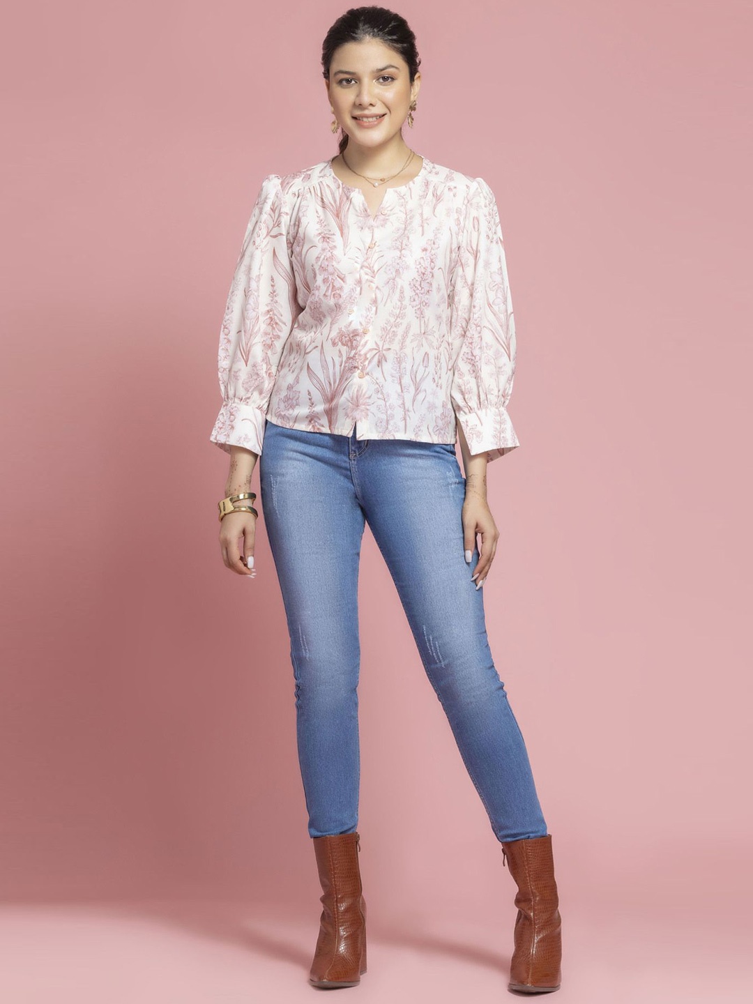 

SEW YOU SOON Floral Print Mandarin Collar Cotton Top, White