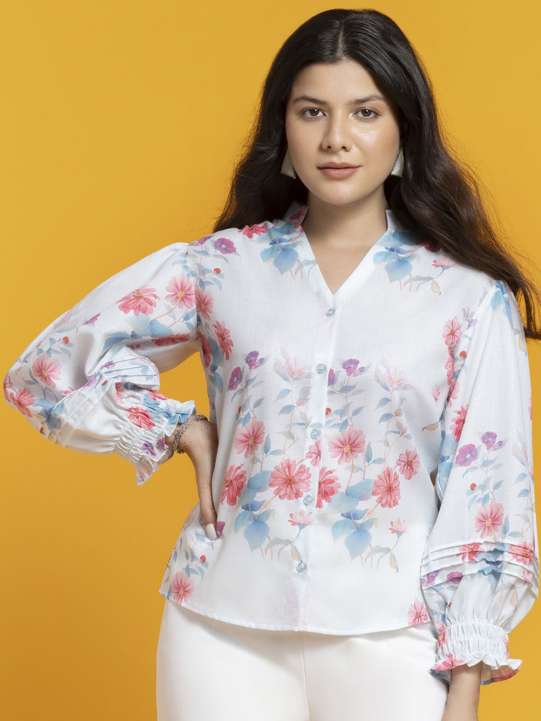 

SEW YOU SOON Floral Print Mandarin Collar Puff Sleeve Cotton Shirt Style Top, Blue
