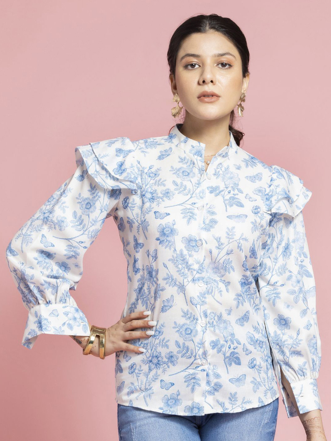 

SEW YOU SOON Floral Print Mandarin Collar Cotton Shirt Style Top, White