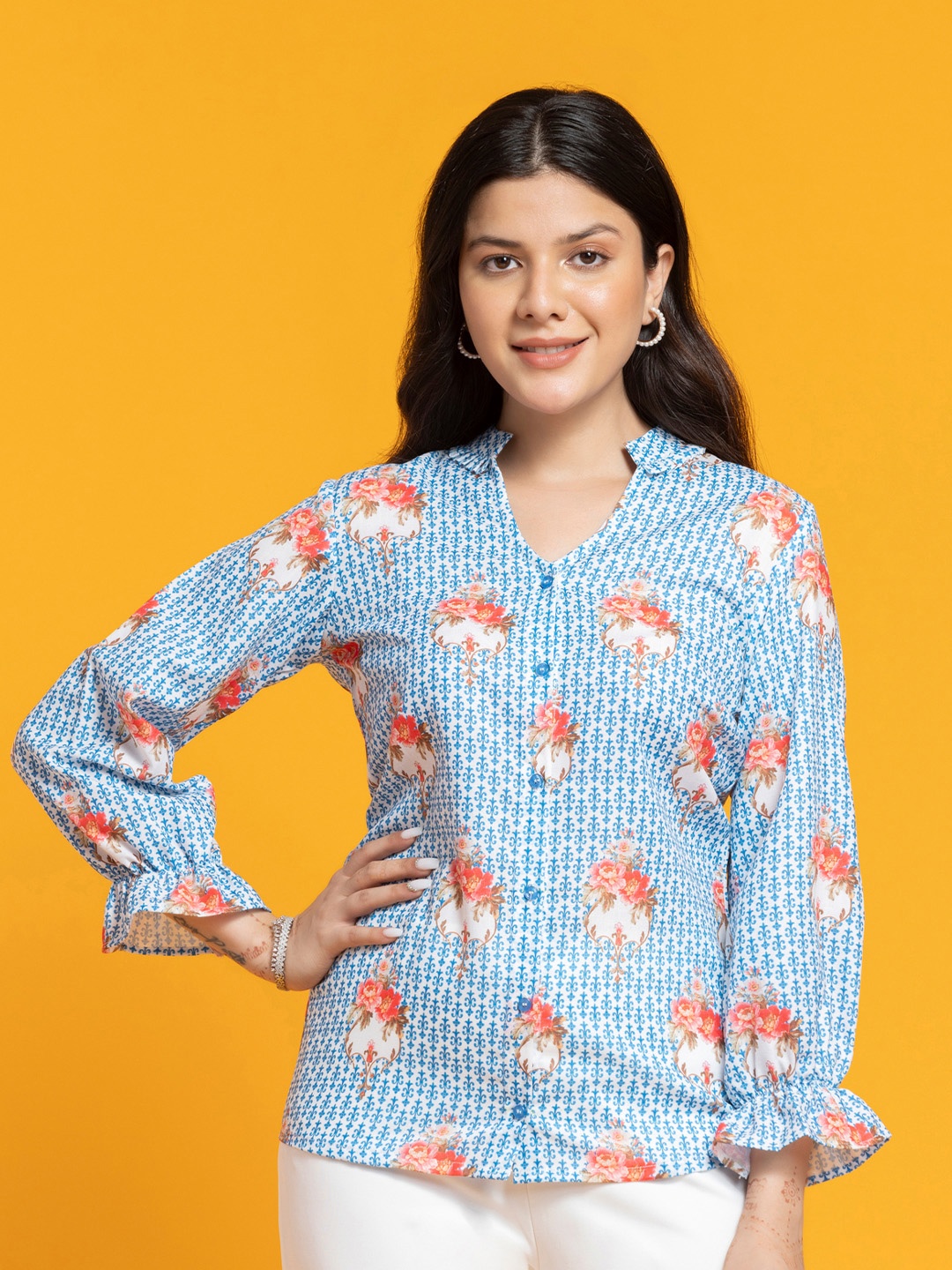 

SEW YOU SOON Floral Print Mandarin Collar Cotton Top, White
