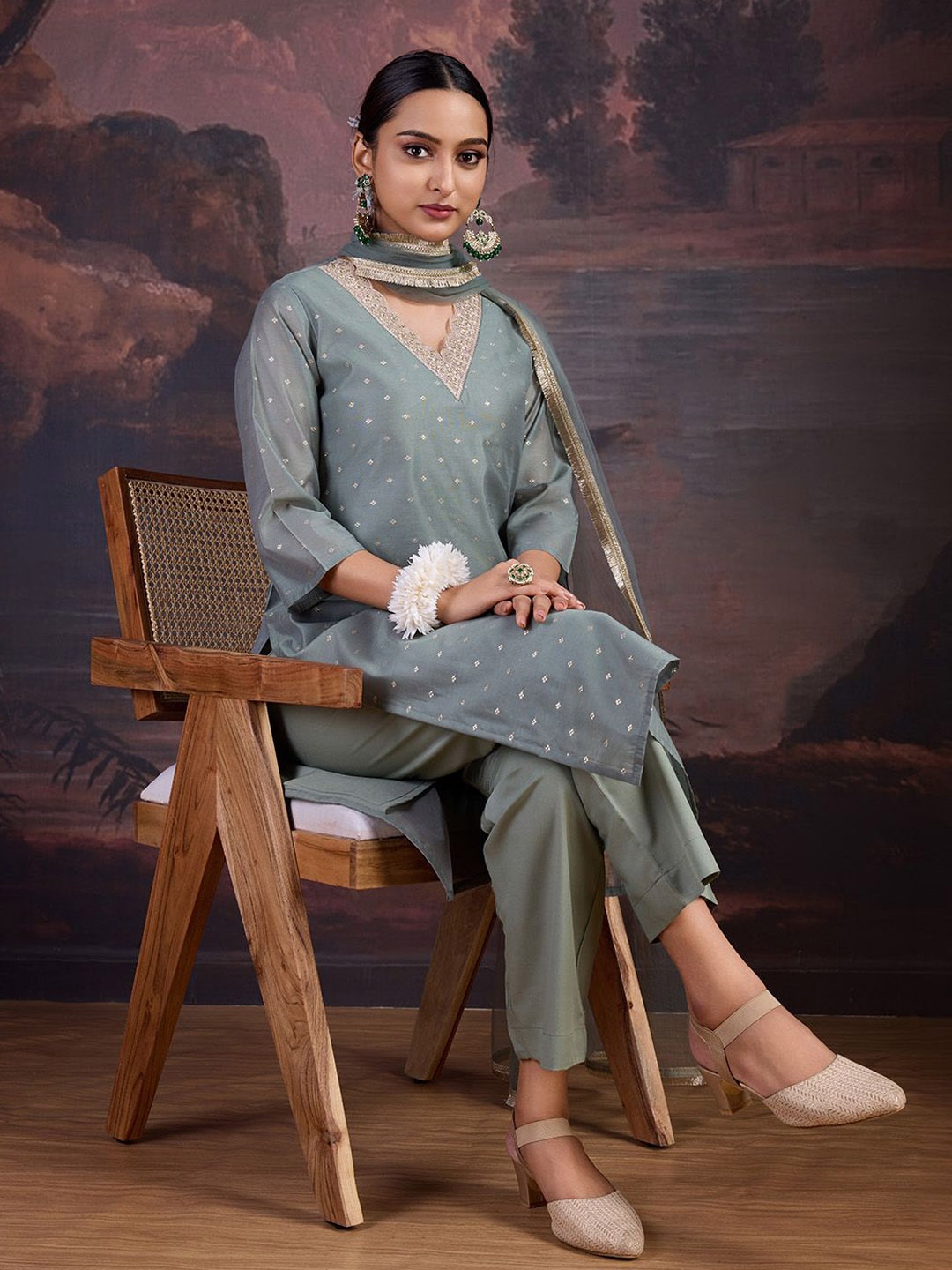 

House of Pataudi Floral Woven Design Straight Kurta With Trousers & Dupatta, Olive