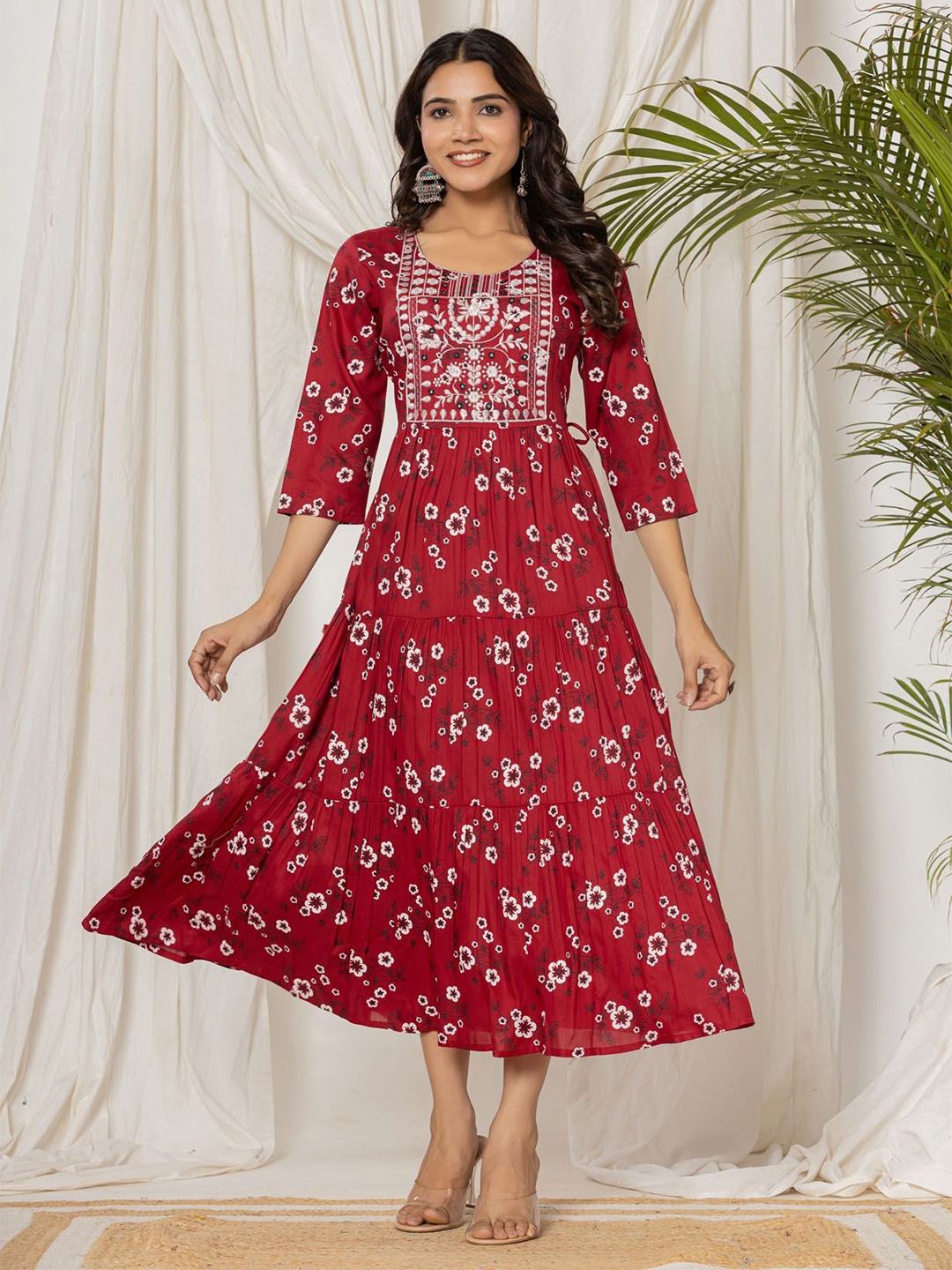 

FASHION DWAR Floral Printed Embroidered Tiered A-Line Midi Ethnic Dress, Maroon