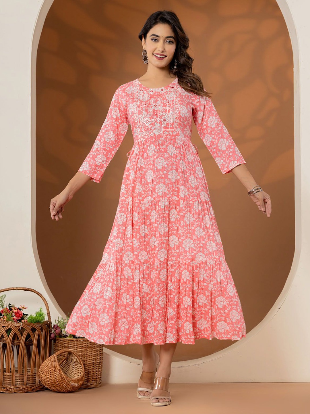 

FASHION DWAR Floral Printed Embroidered Cotton Fit and Flare Midi Dress, Pink