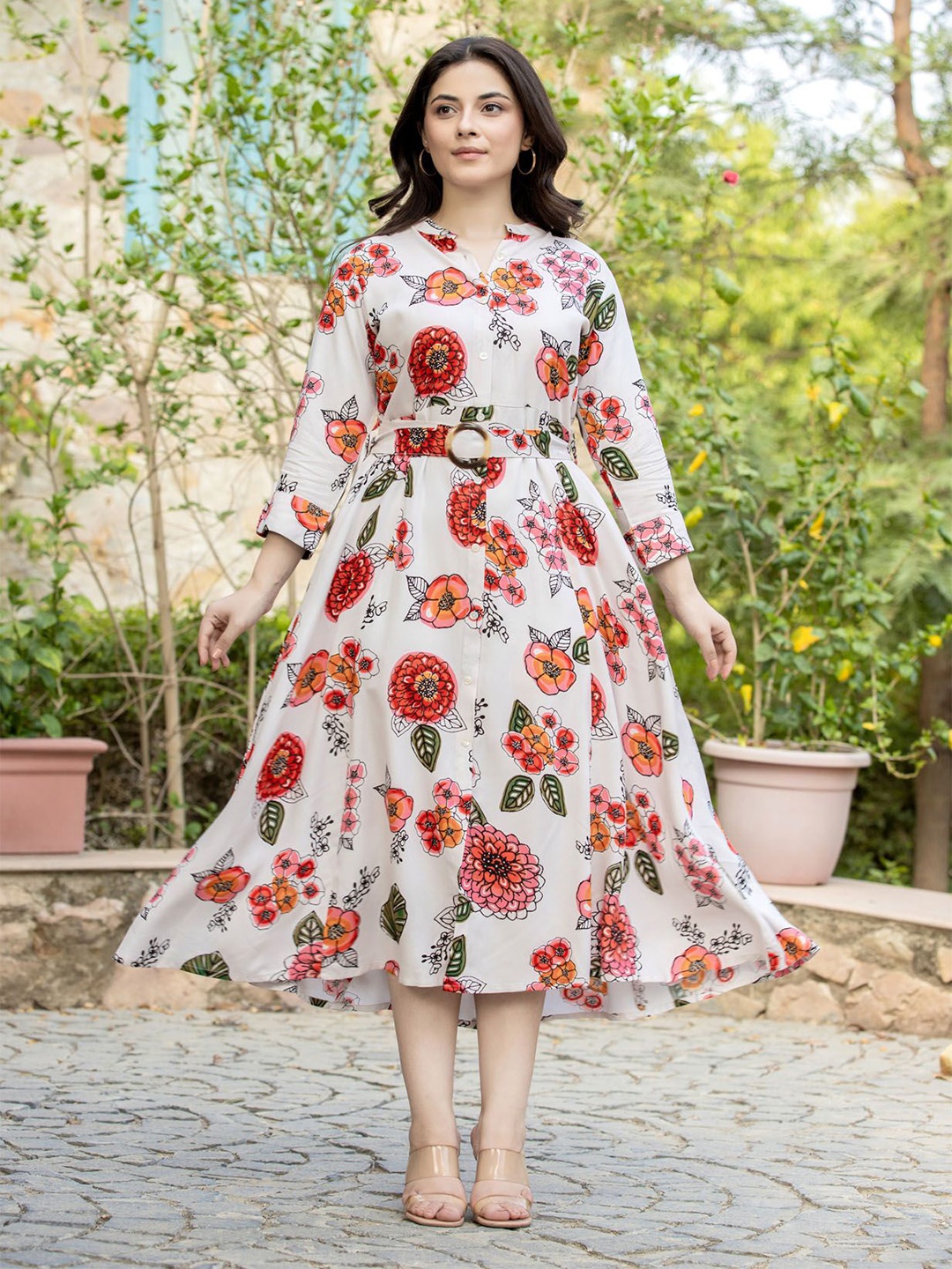 

FASHION DWAR Floral Printed Fit & Flare Midi Dress, White