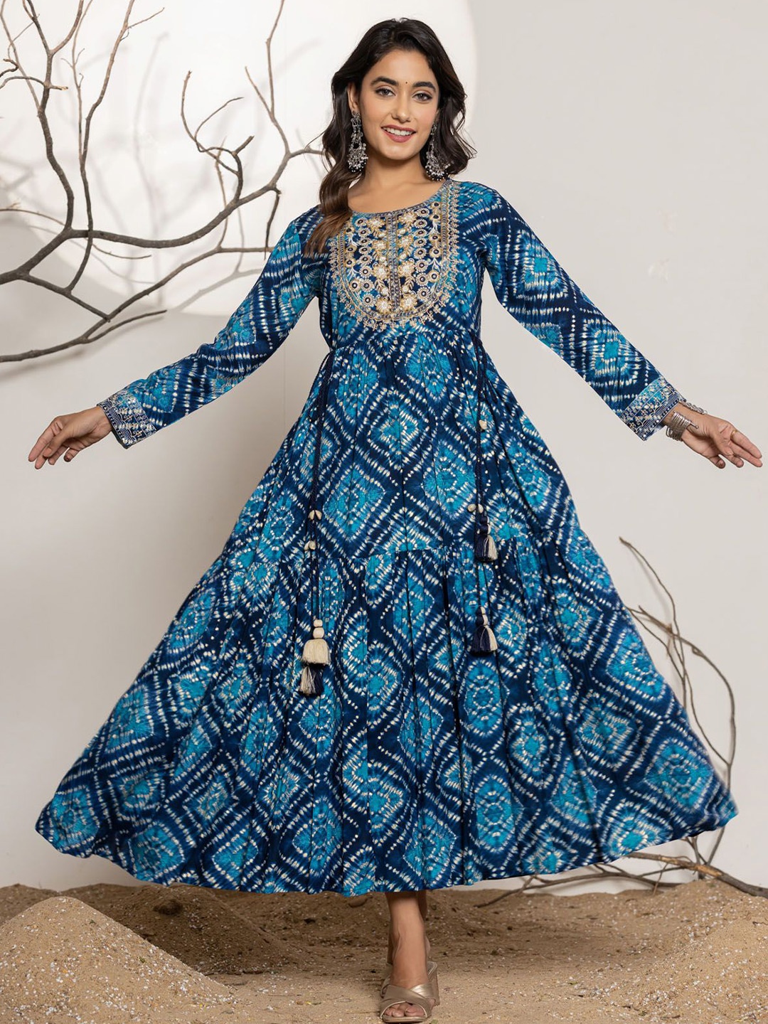 

FASHION DWAR Ethnic Motifs Print Maxi Fit and Flare Dress, Blue