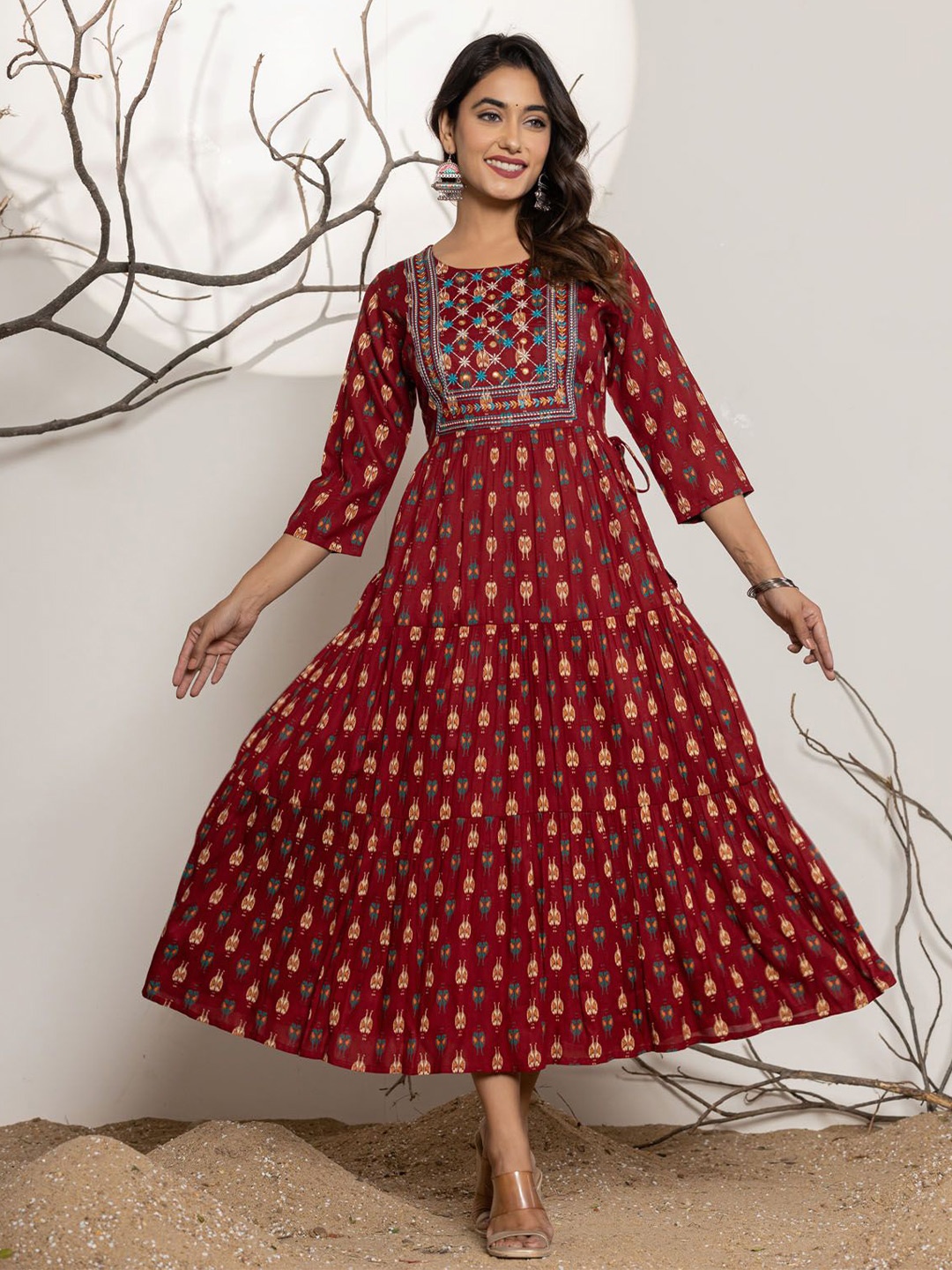 

FASHION DWAR Ethnic Motifs Printed Fit and Flare Midi Ethnic Dress, Maroon