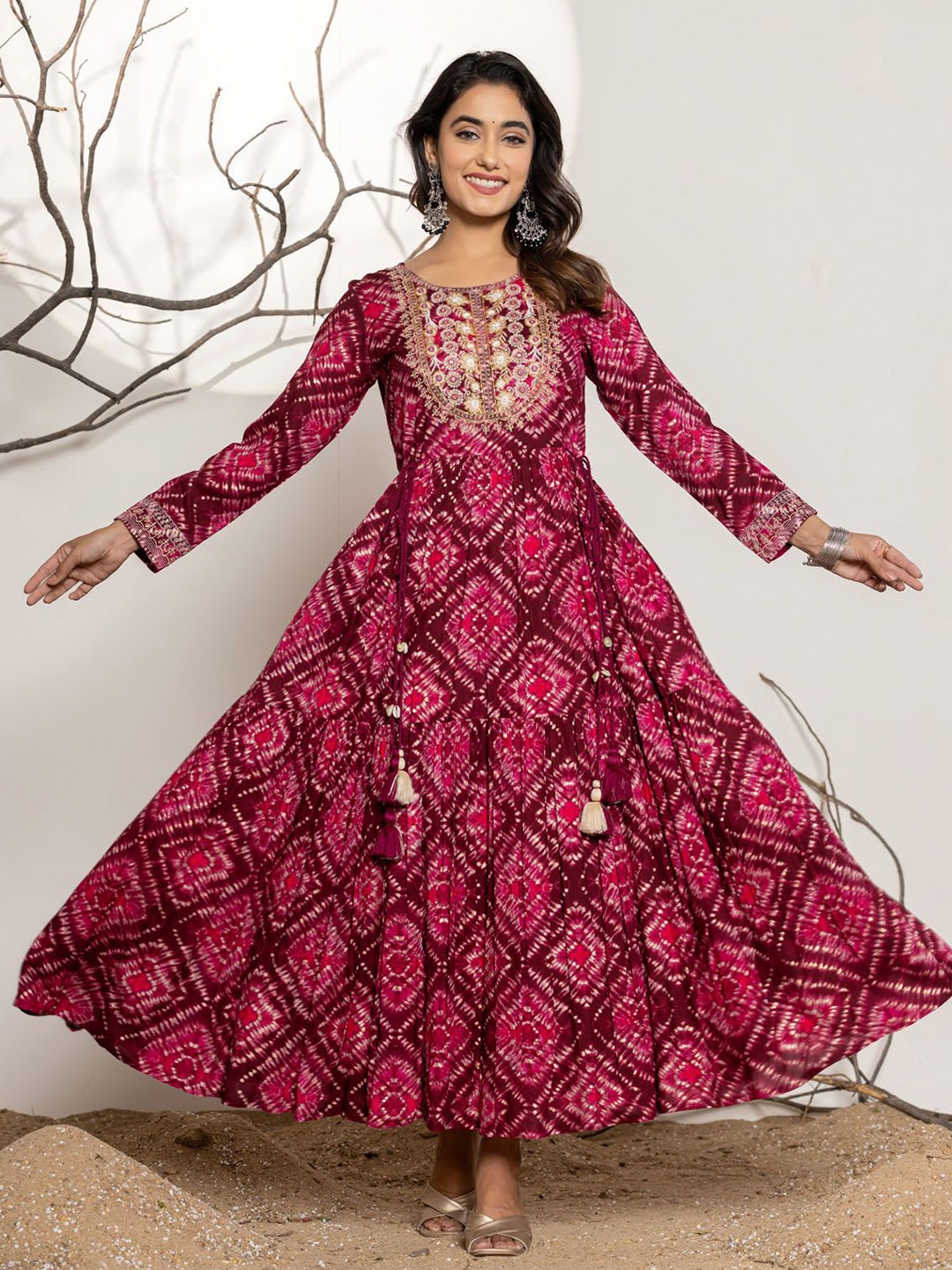 

FASHION DWAR Ethnic Motifs Print Maxi Fit and Flare Dress, Pink