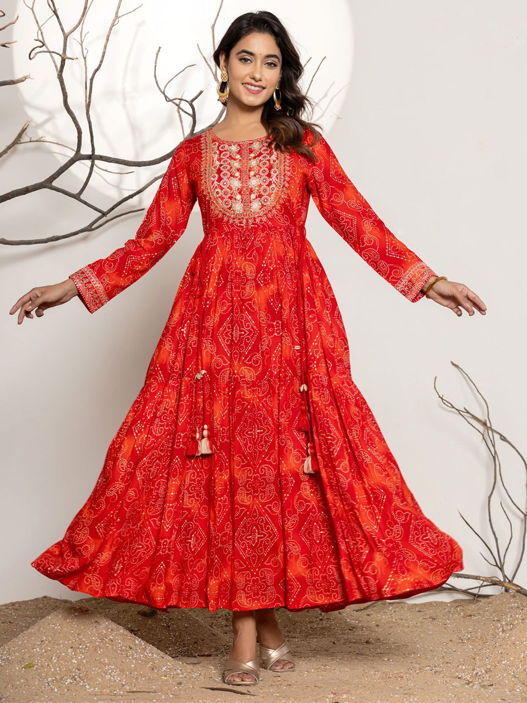 

FASHION DWAR Women Ethnic Motifs Round Neck Full Sleeves Maxi Dress, Red
